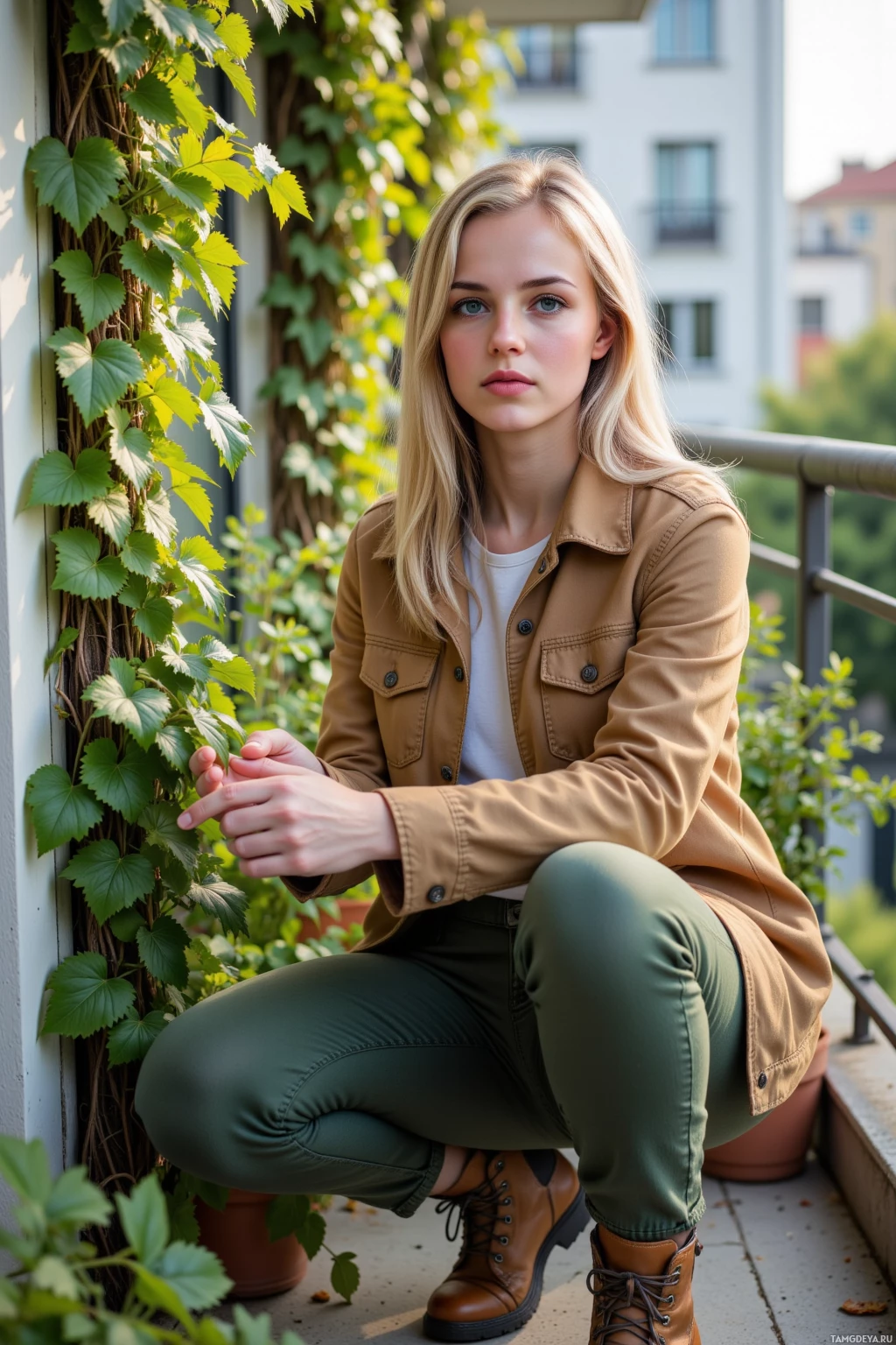 A person in a tan jacket and green pants crouches on a balcony with greenery in the background.