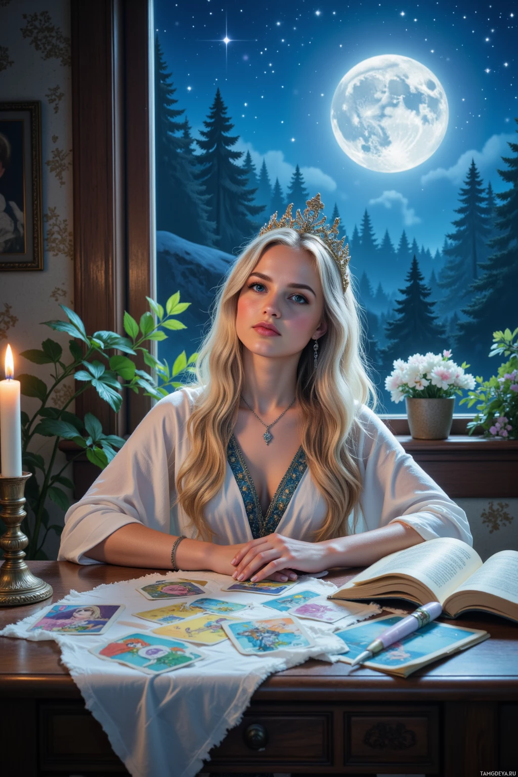 A woman sits at a desk with tarot cards, a book, and a lit candle, against a backdrop of a night sky with a full moon and forest.