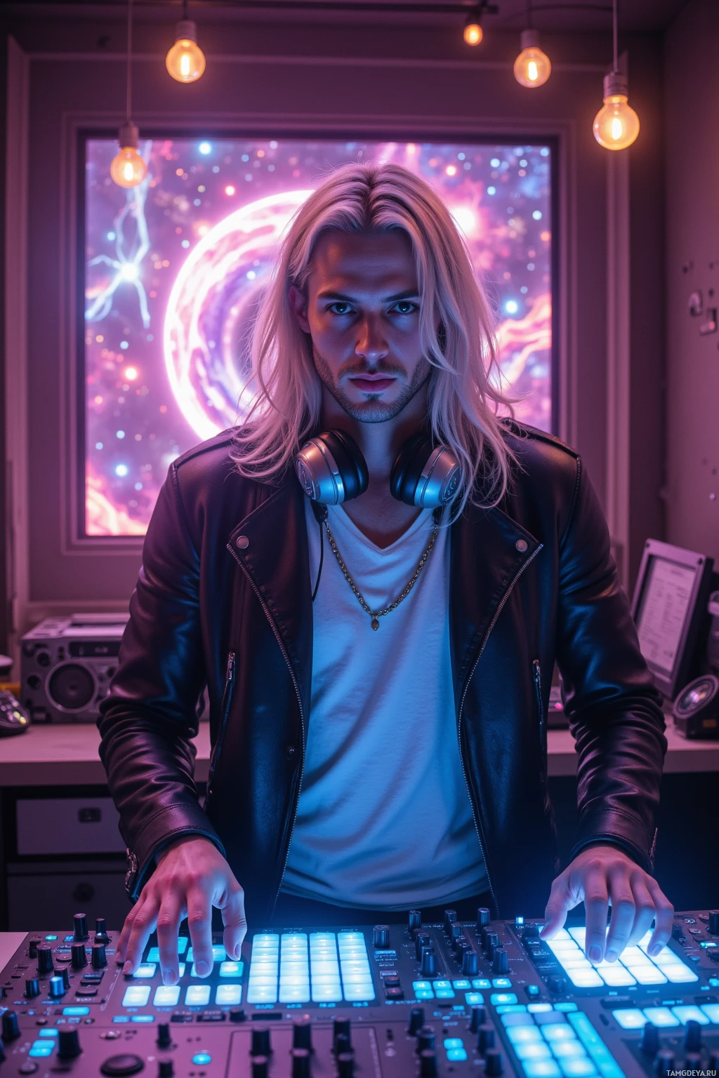 A person with long hair wearing a leather jacket and headphones stands behind a DJ mixing console in a room with colorful lighting.