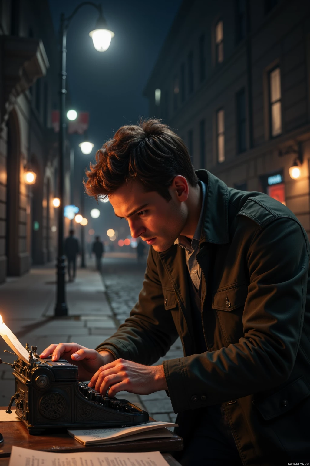 A man is typing on a vintage typewriter in a dimly lit street at night.