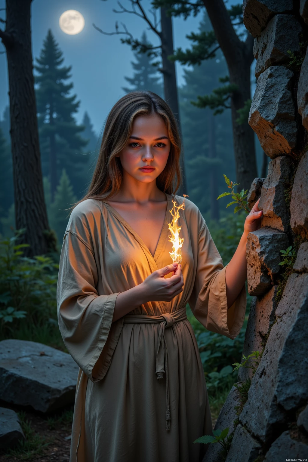 A woman in a long dress stands in a forest at night, holding a glowing object.