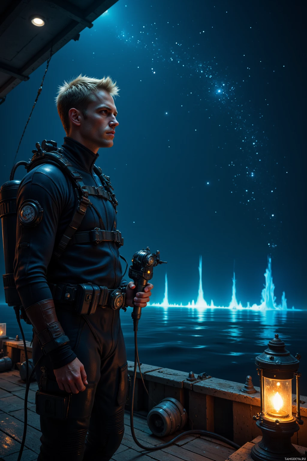 A person in a futuristic diving suit stands on a dock, holding a device, with a glowing blue sky and stars in the background.