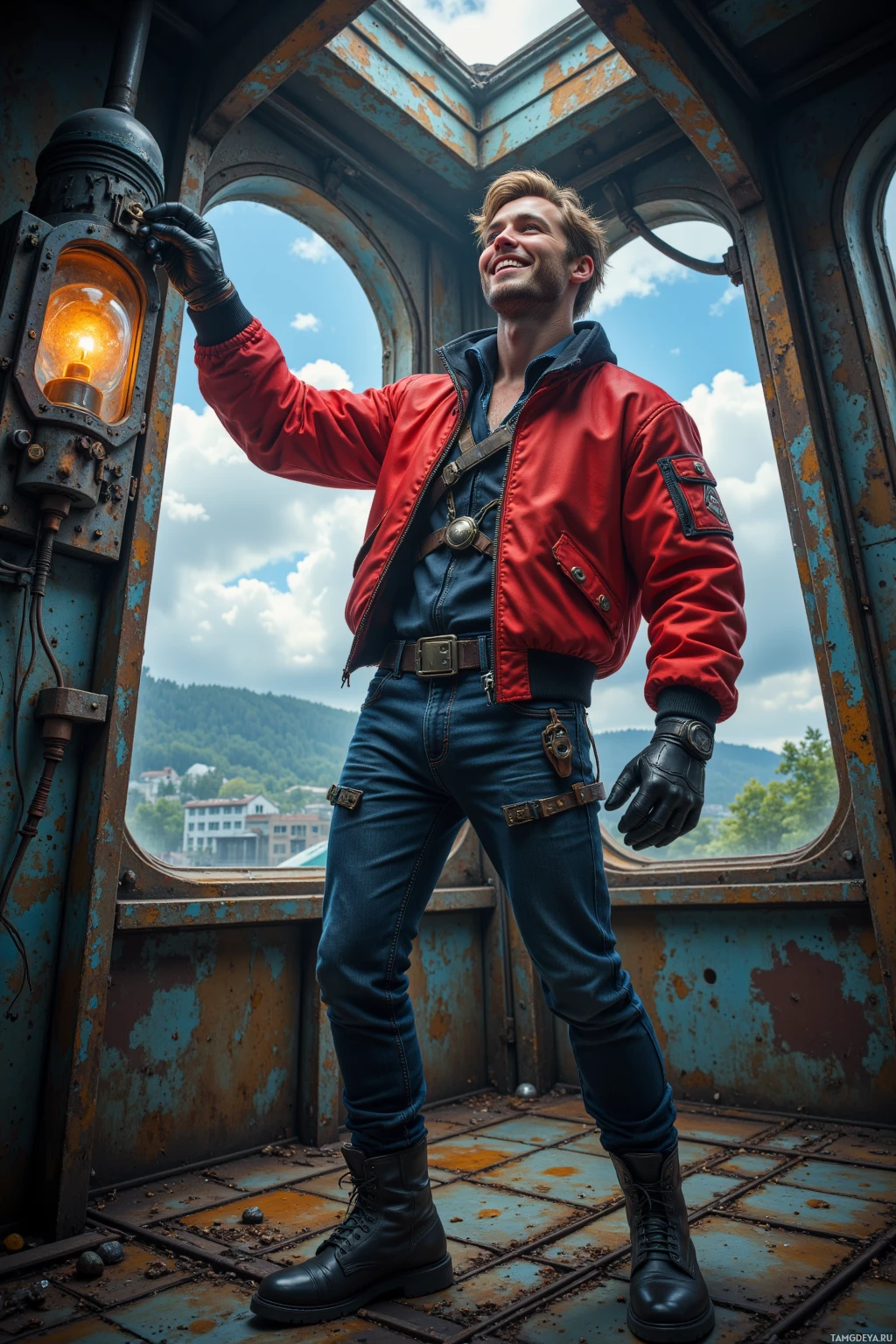 A man in a red jacket and jeans stands in a rusted, industrial setting, holding a glowing light.