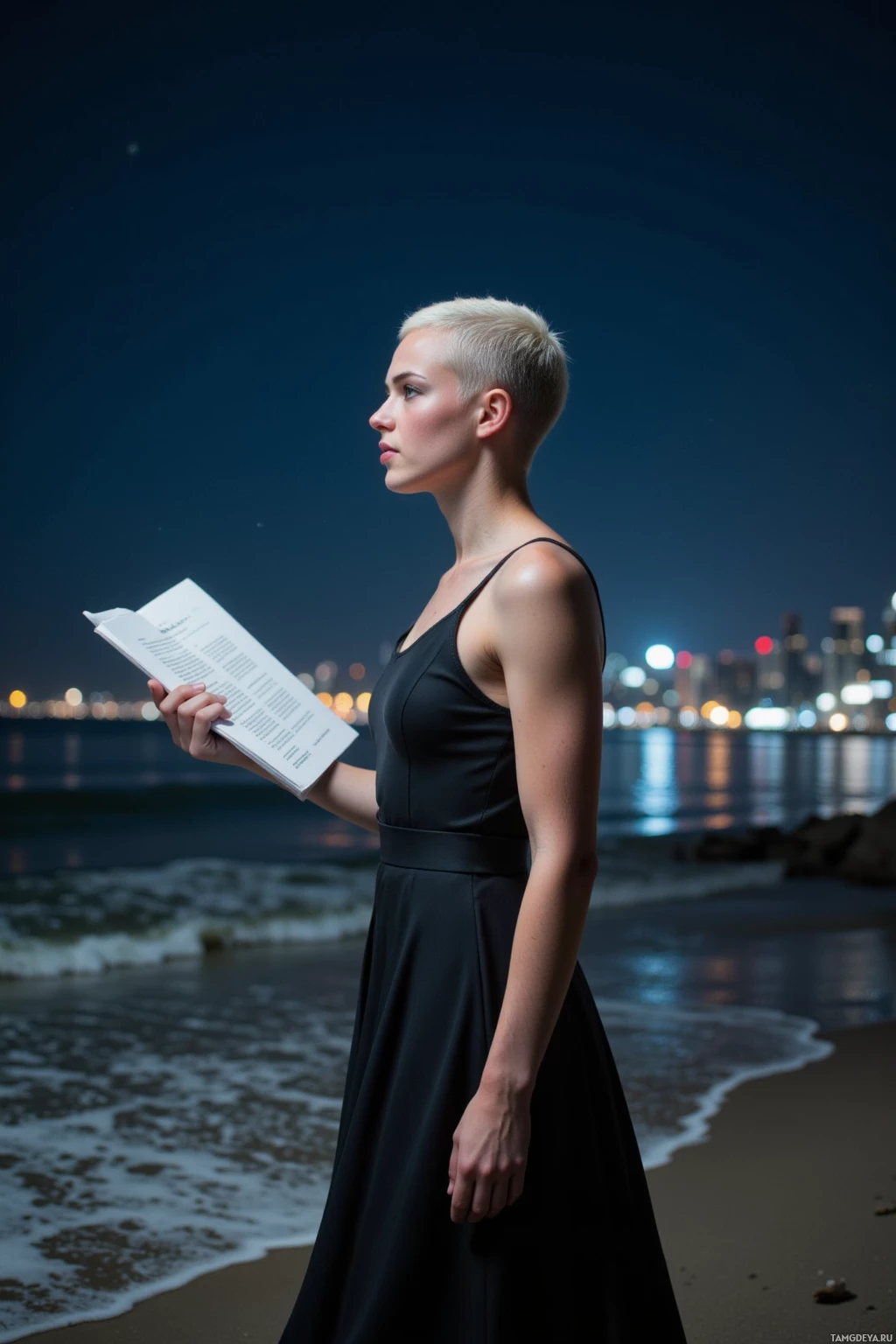 A woman in a black dress stands on a beach at night, holding an open book and gazing toward the city lights.