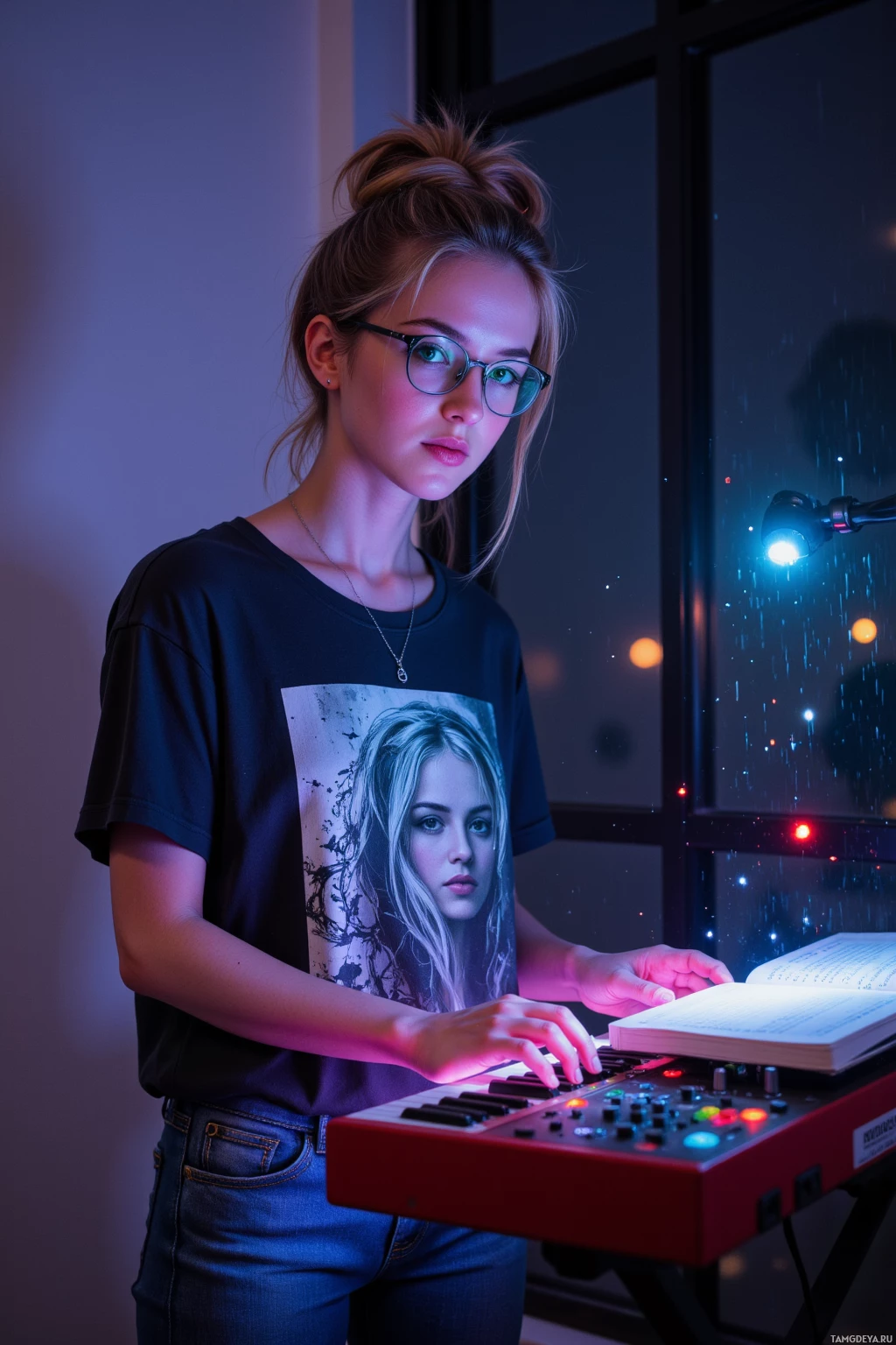 A person wearing glasses and a graphic t-shirt is playing a keyboard in a dimly lit room with a window in the background.