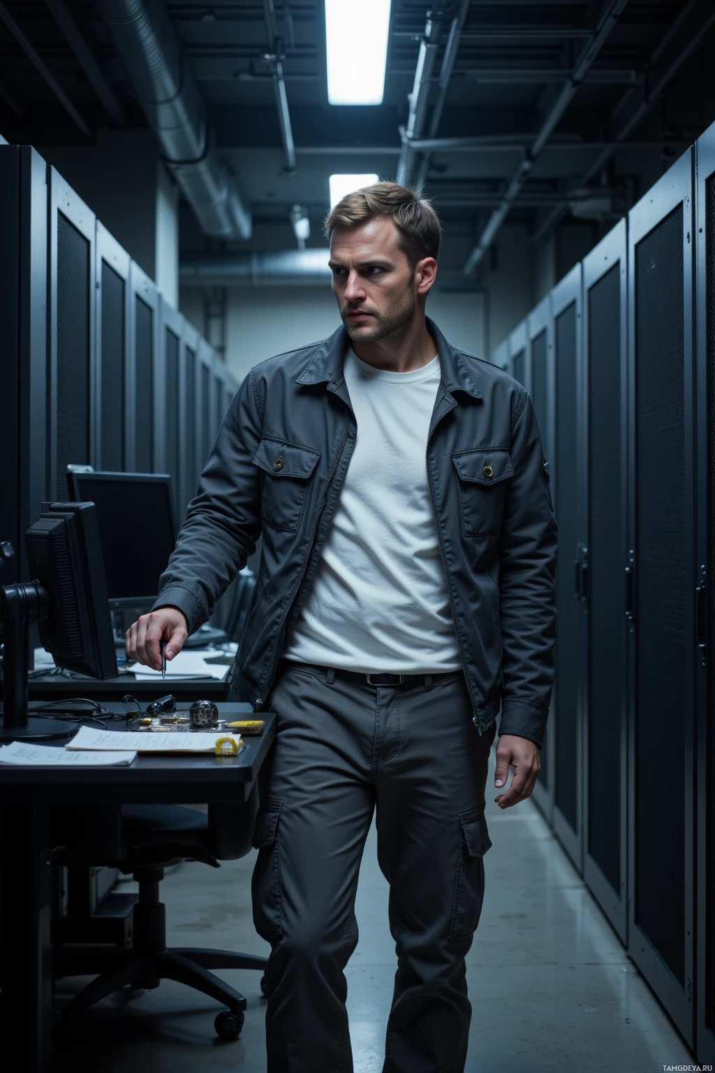 A man in a utility jacket and pants stands in a server room.