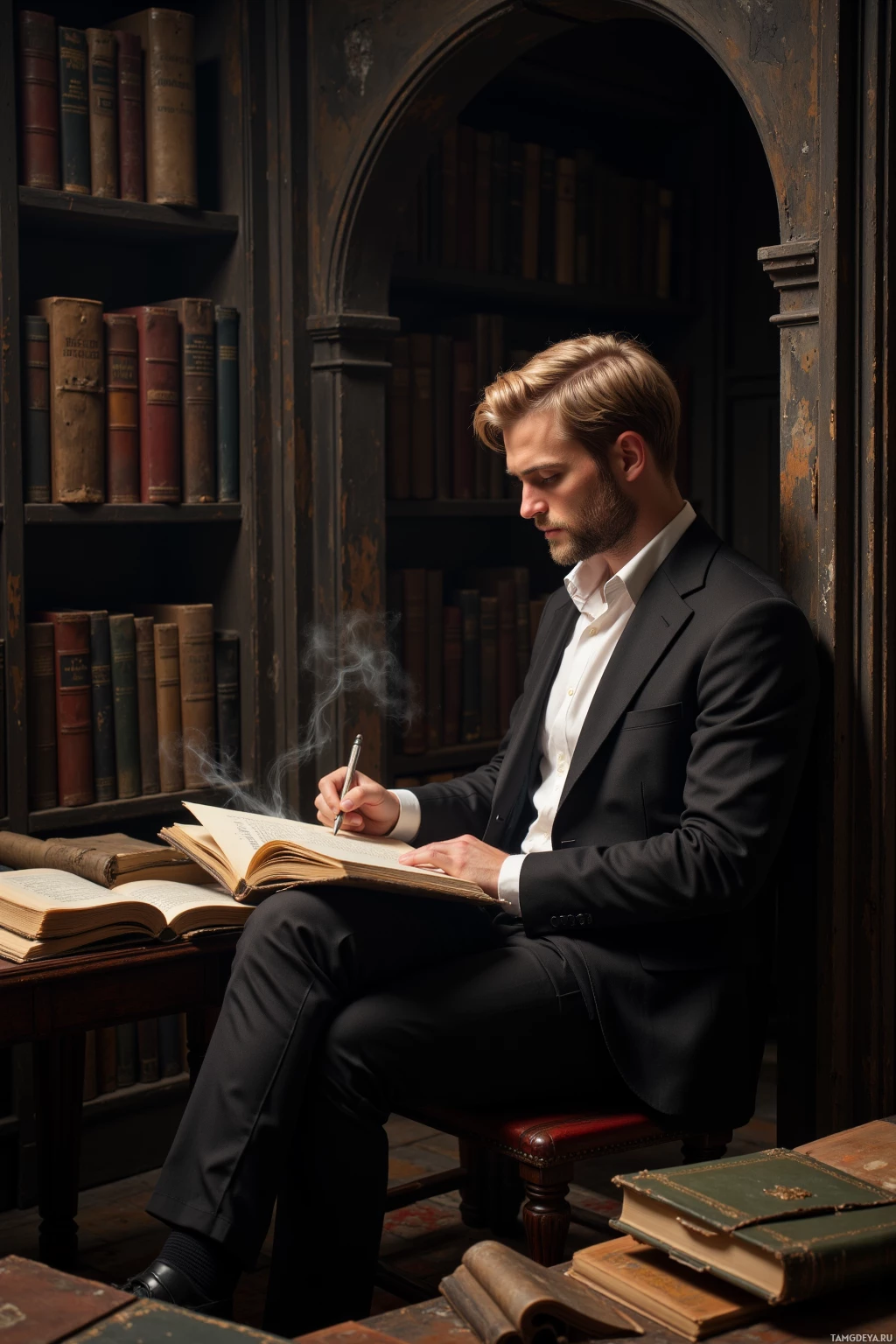 A man in a suit is sitting and writing in a book in a library.