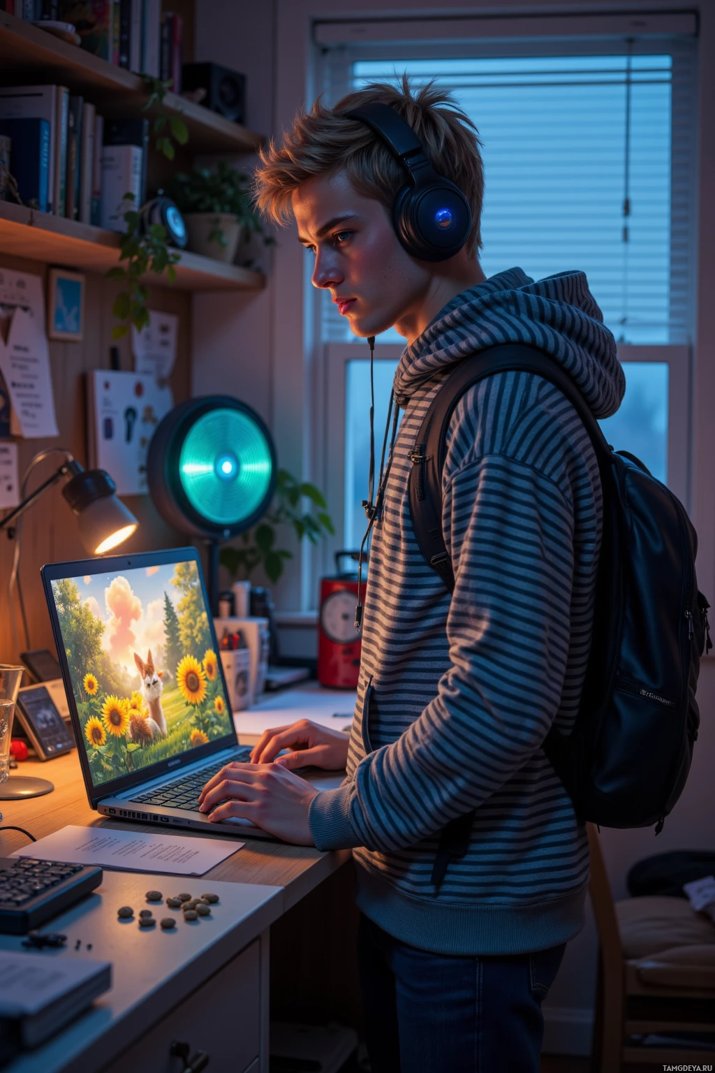 A young person wearing headphones and a backpack is working on a laptop in a dimly lit room.