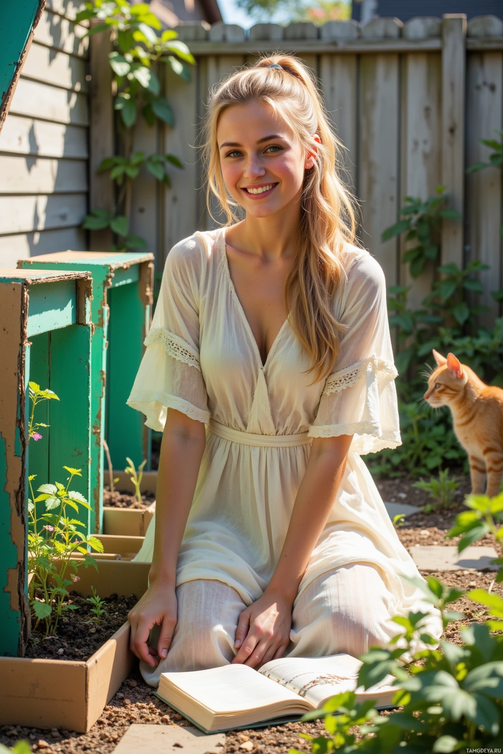 A woman in a light dress sits in a garden with an open book and a cat nearby.