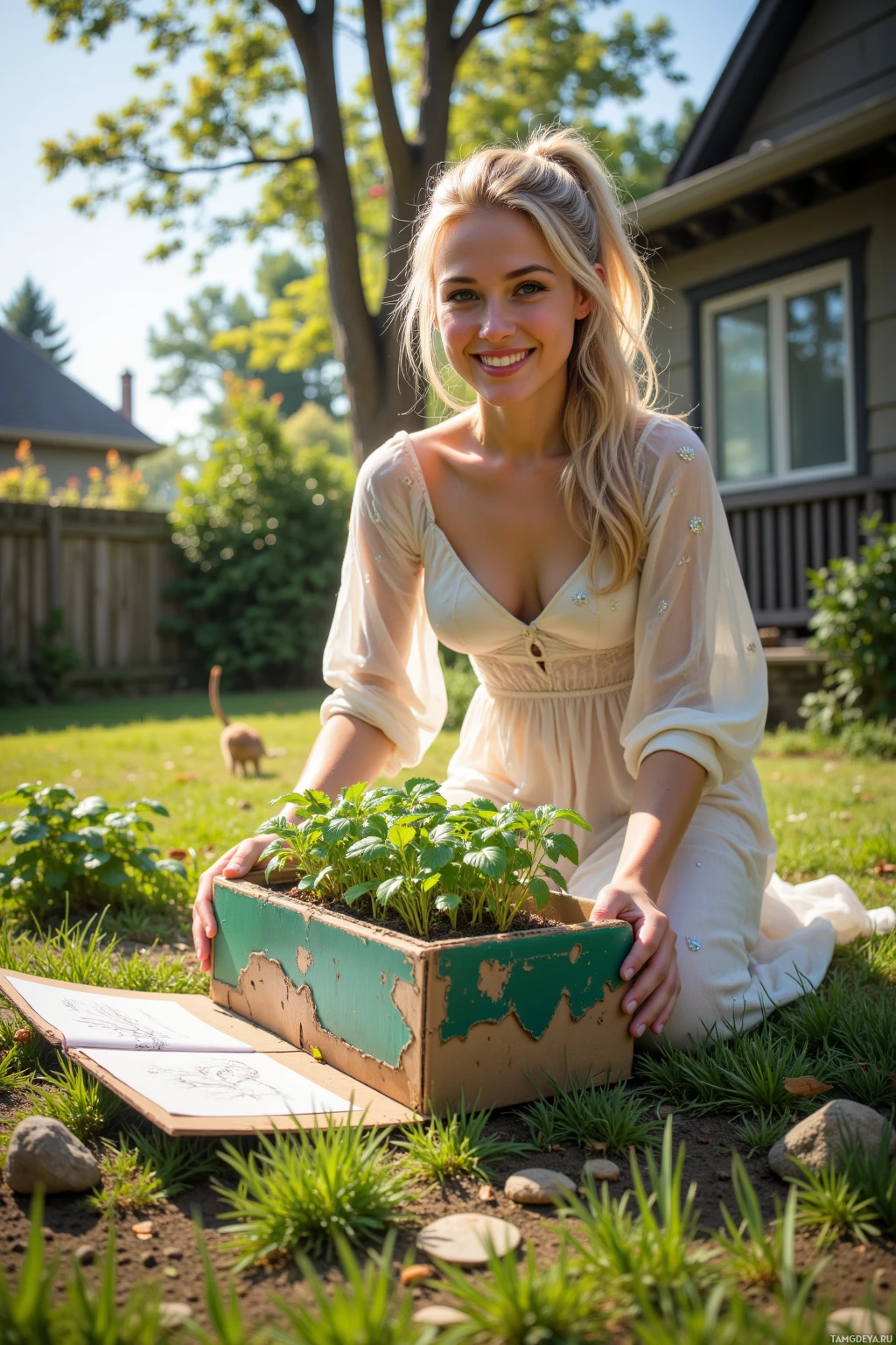 A woman in a light dress sits outdoors with a small garden box and a sketchbook.