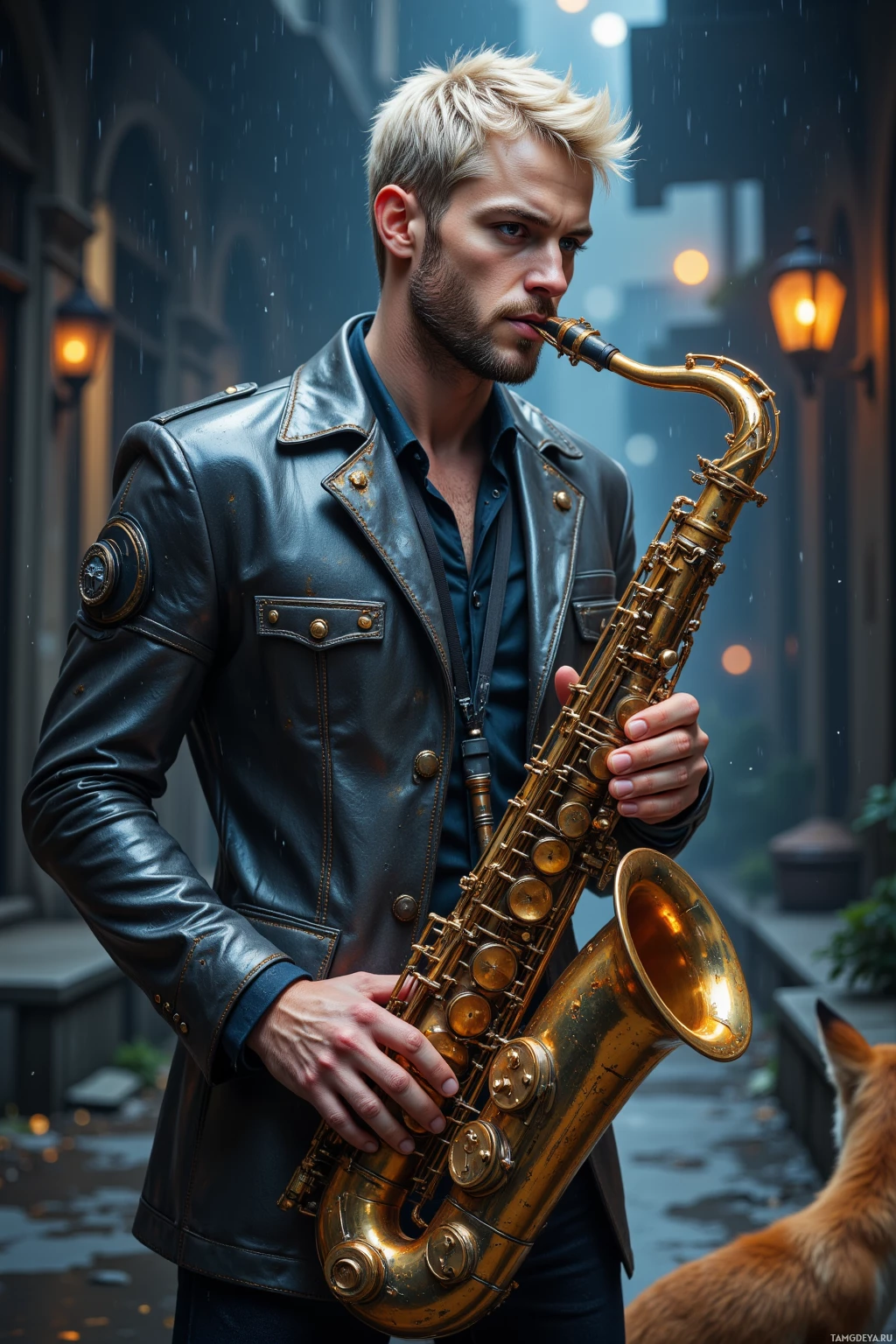 A man in a leather jacket plays a saxophone under rain.