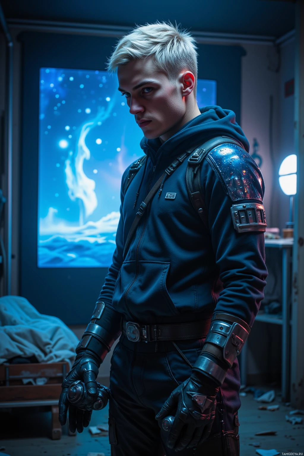 A person in futuristic attire stands in a dimly lit room with a glowing background.