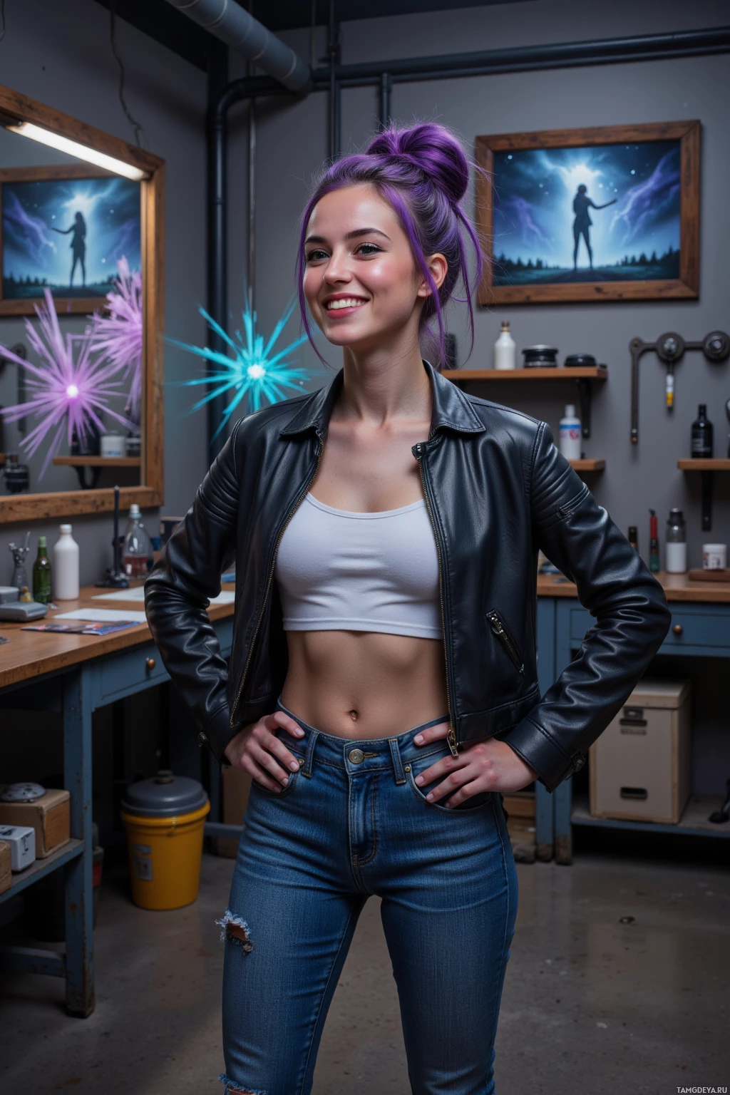 A woman with purple hair stands in a workshop, wearing a leather jacket and jeans.