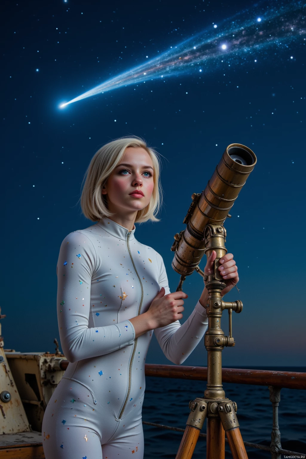 A person in a white outfit stands on a ship, holding a telescope, with a starry night sky and a shooting star in the background.