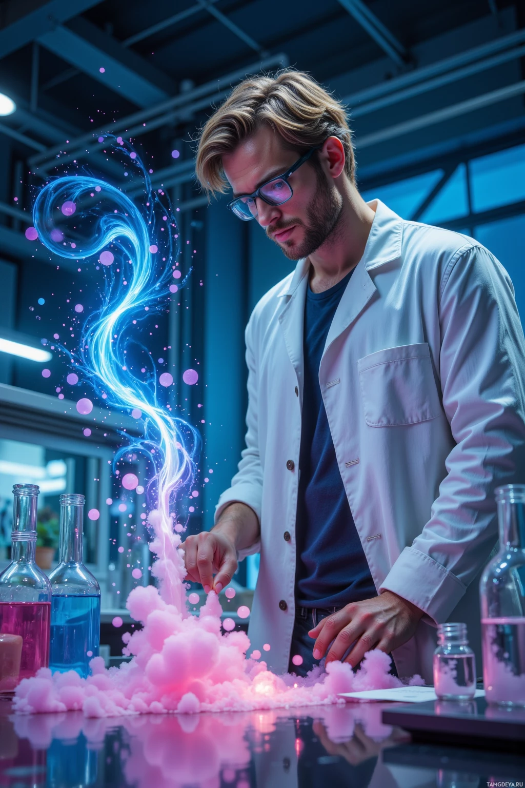 A scientist in a lab coat examines a glowing, colorful substance on a table.