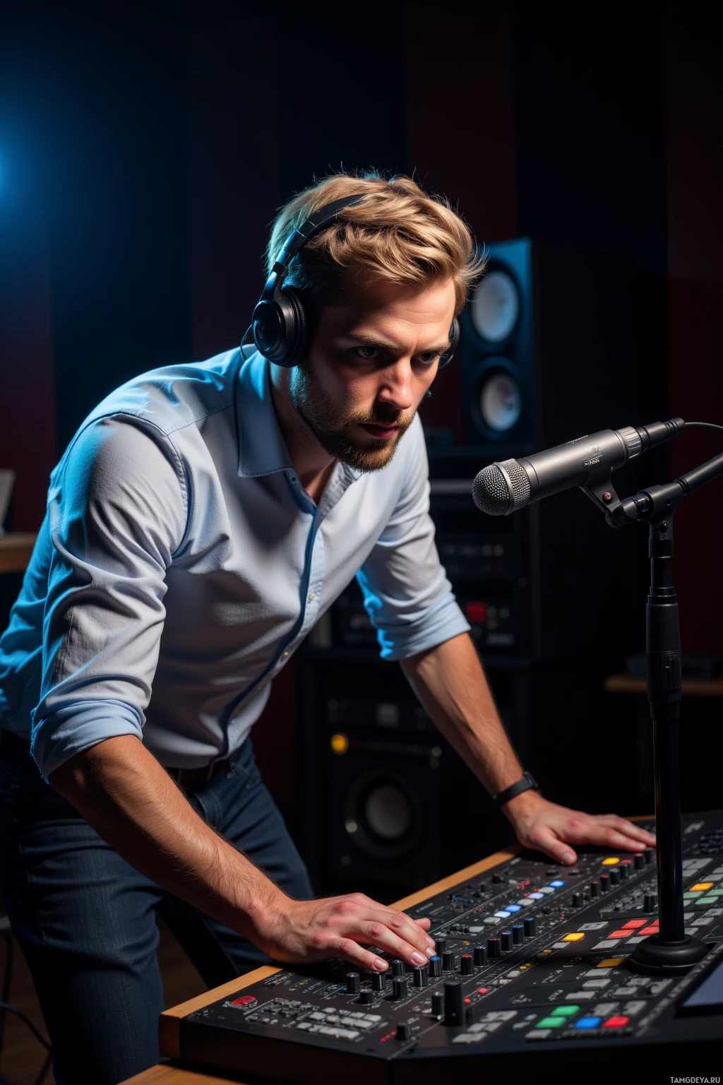 A man wearing headphones leans over a mixing console in a recording studio.