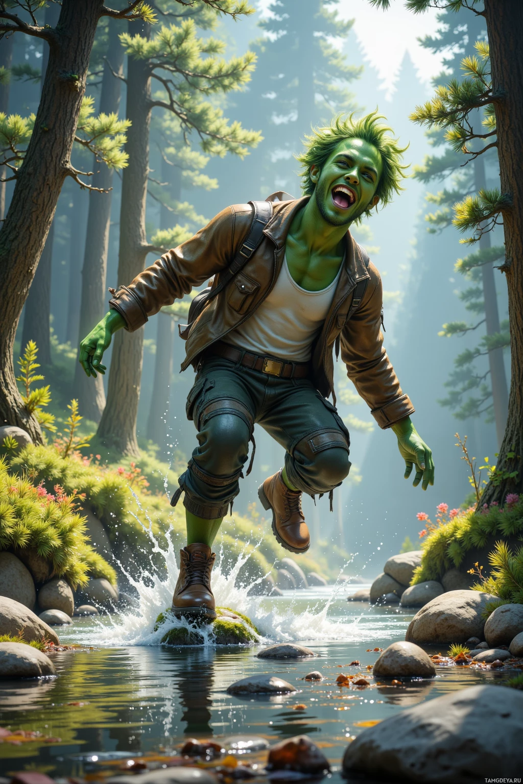 A person with green skin and hair leaps over a stream in a forest setting.