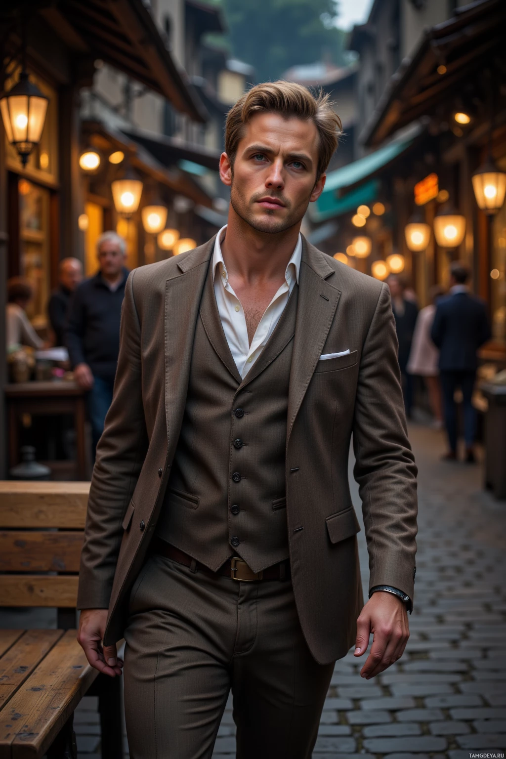 A man in a brown suit stands on a cobblestone street with shops and lanterns in the background.
