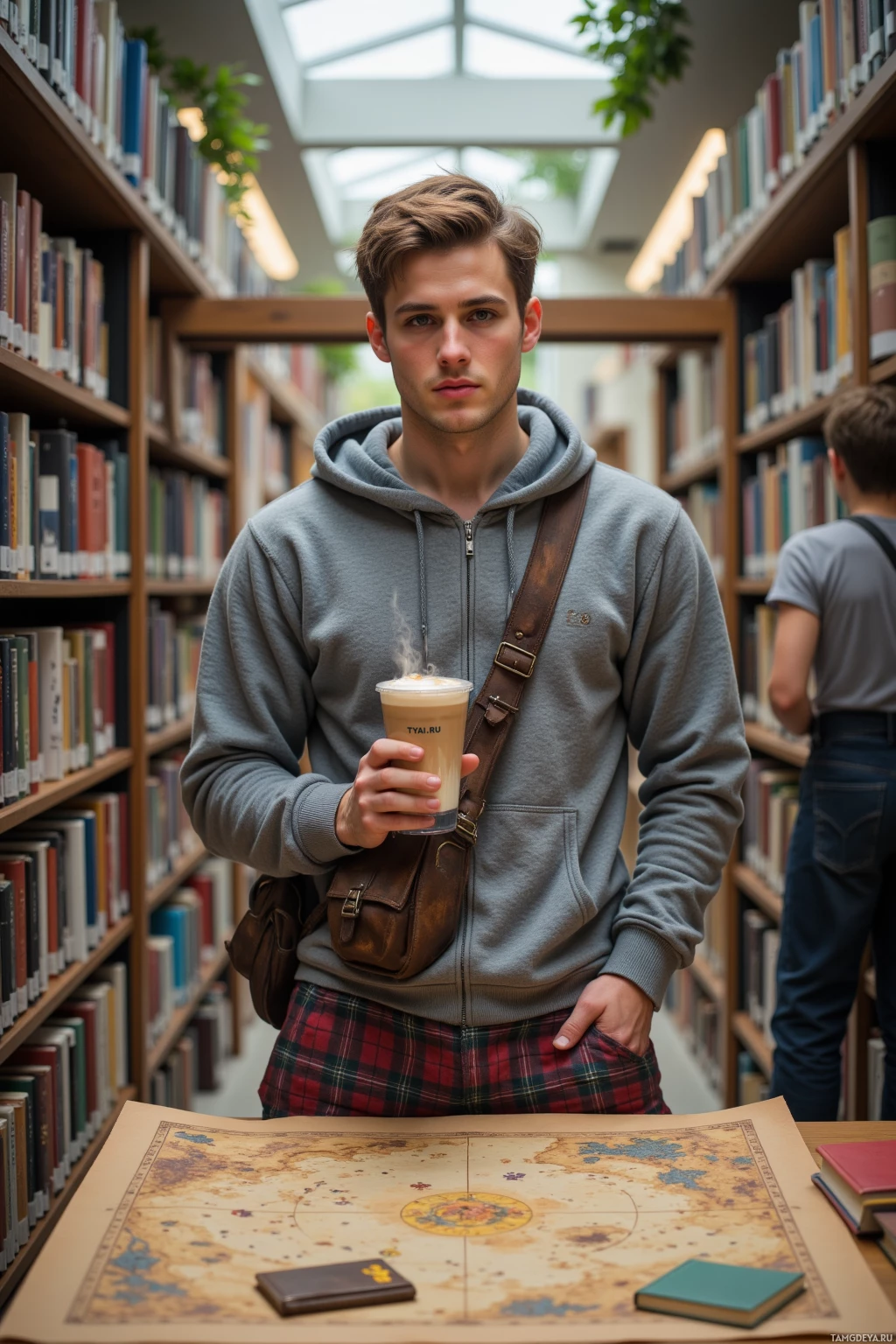 A young man in a library holds a drink and stands near a map on a table.