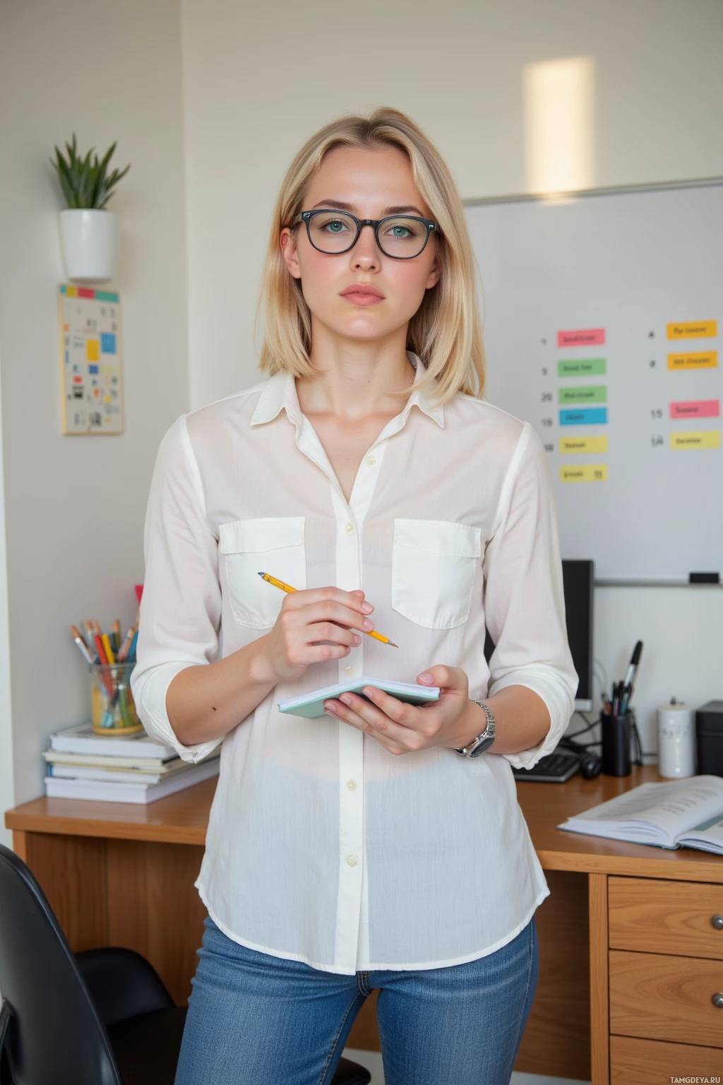 A woman in a white shirt and glasses stands in an office setting, holding a notebook and pencil.