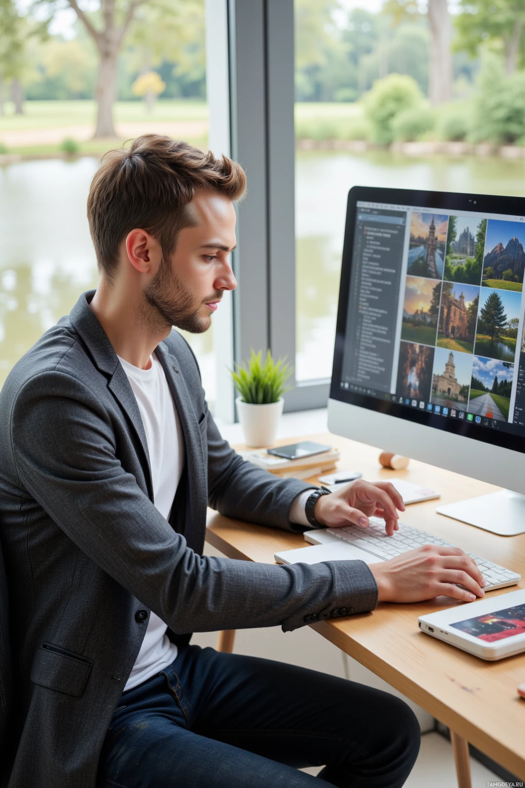 A man is working at a desk with a computer, surrounded by a serene outdoor view.