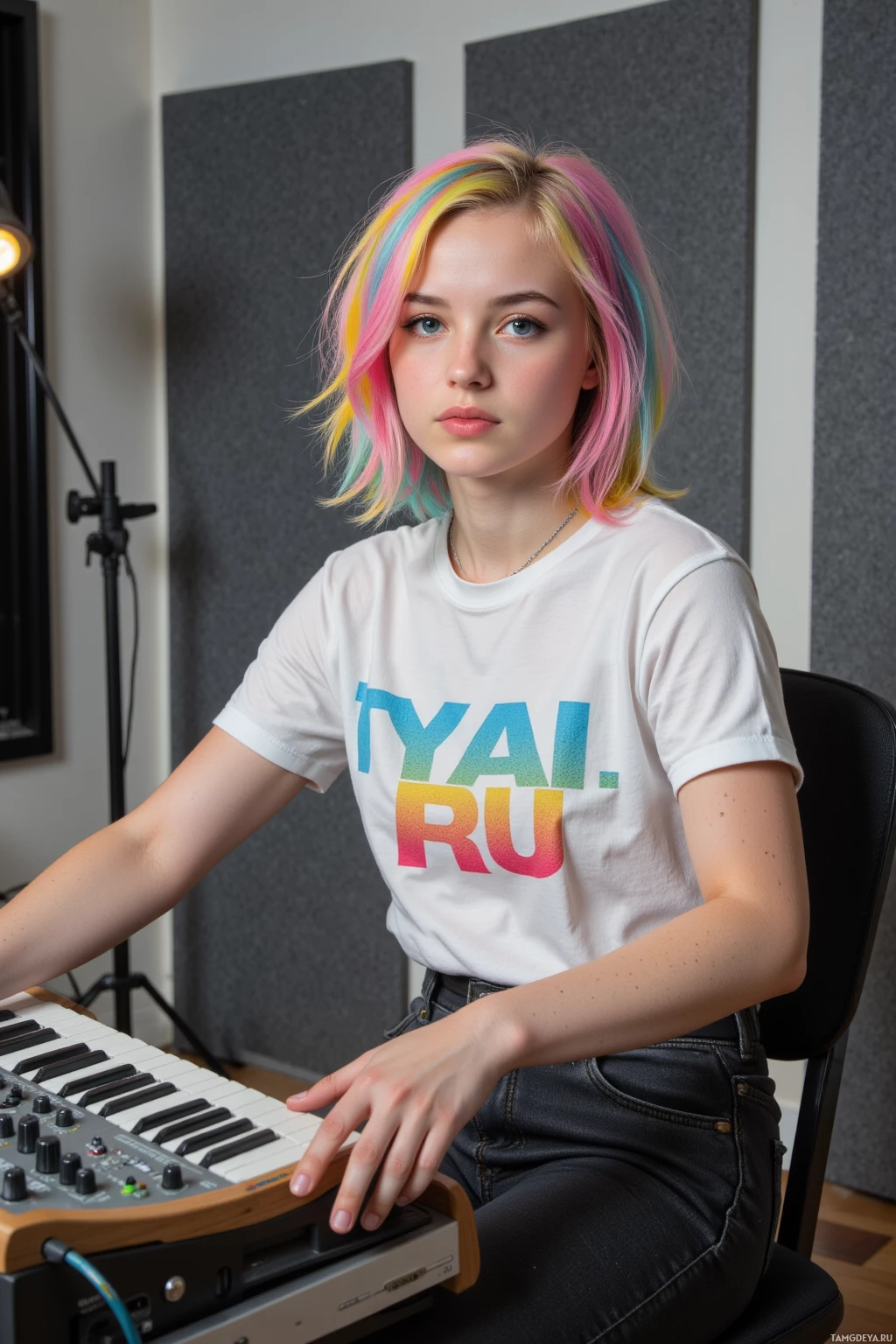 A person with colorful hair sits at a keyboard in a studio setting.