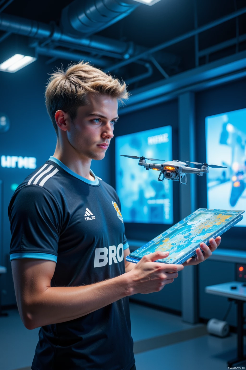 A young man in a dark shirt holds a tablet with a map, while a drone hovers nearby in a modern, dimly lit room.