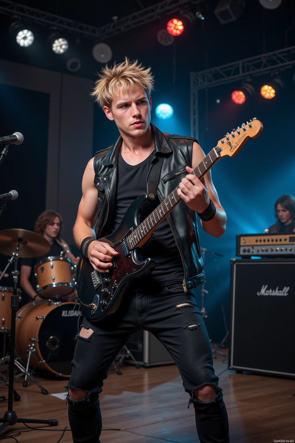 A musician in a leather vest and ripped jeans plays an electric guitar on stage.