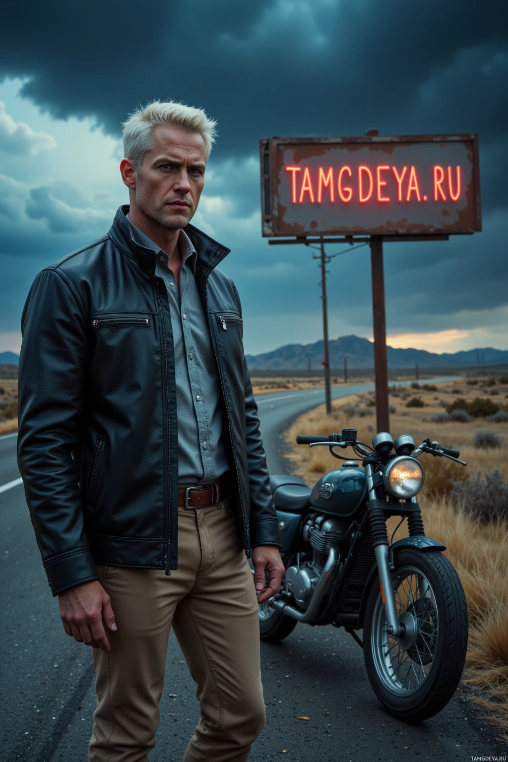 A man in a leather jacket stands beside a motorcycle under a cloudy sky, with a sign reading "TAMGDEYA.RU" in the background.