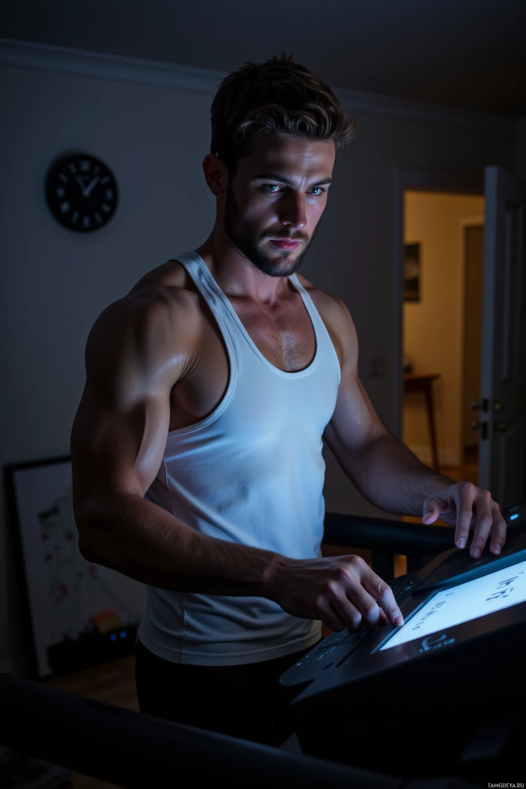 A man in a white tank top is using a treadmill in a dimly lit room.