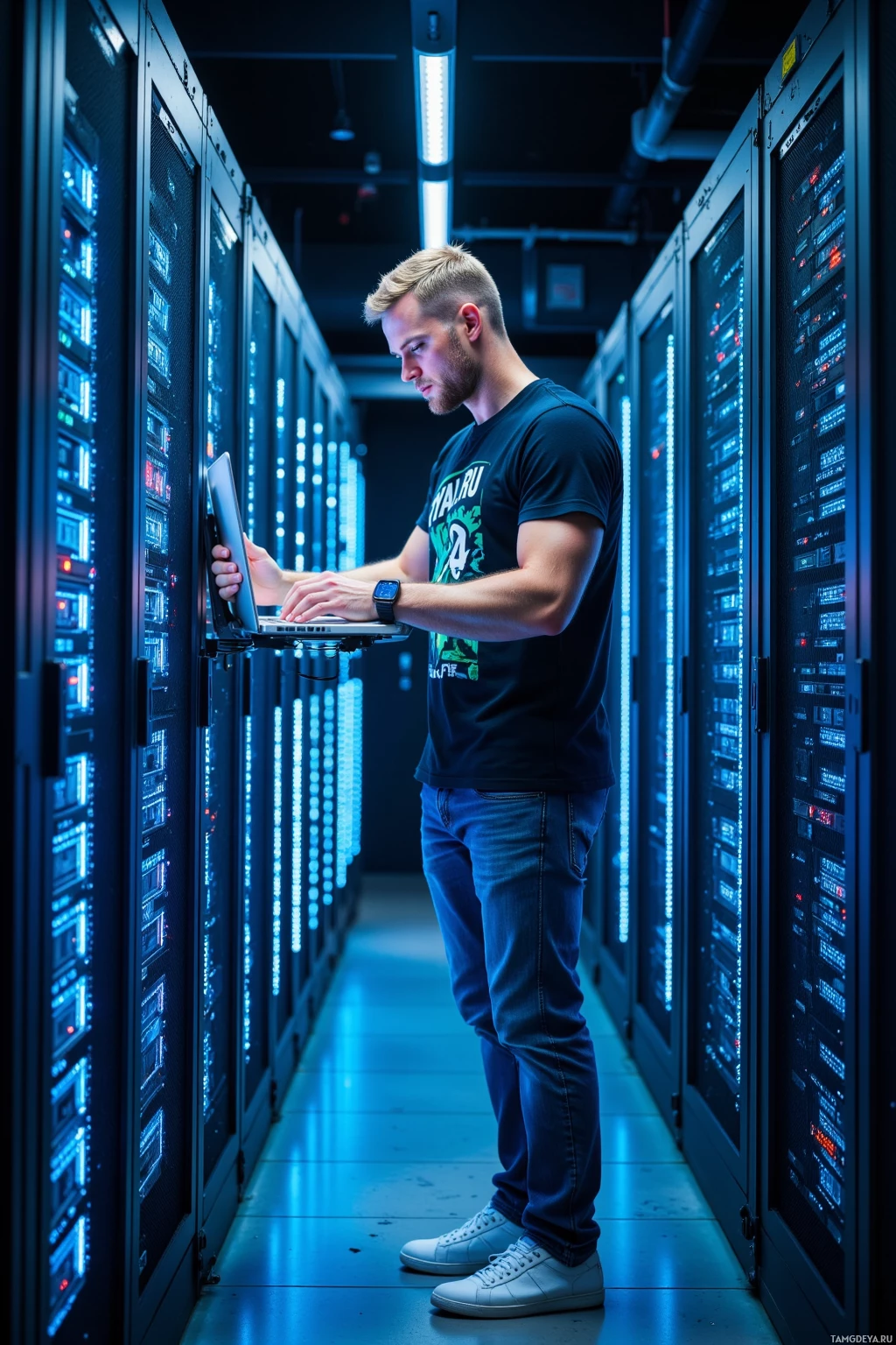 A man stands in a server room, using a laptop.