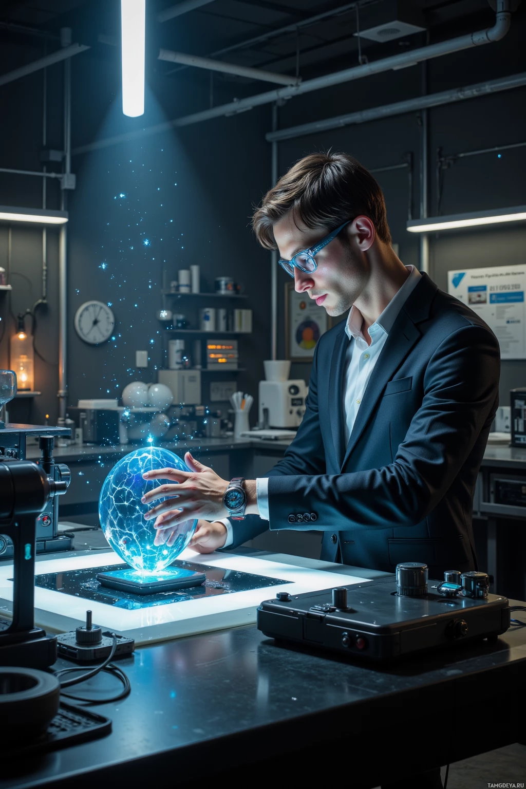 A man in a suit interacts with a glowing, spherical object in a laboratory setting.