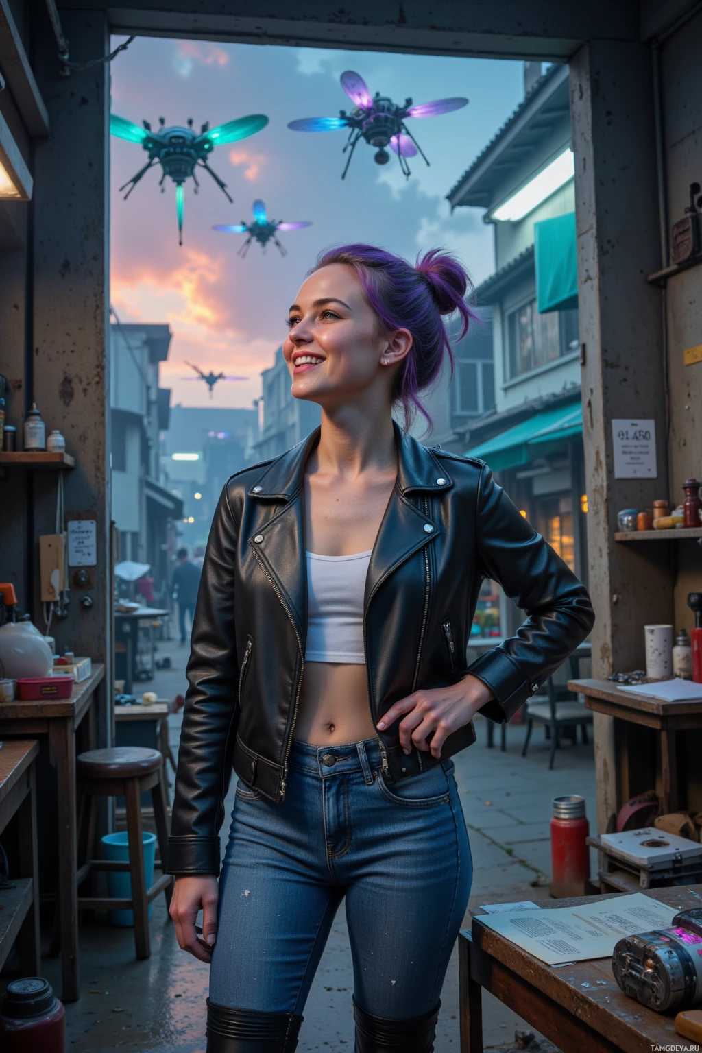 A woman stands in a street scene with drones flying overhead.