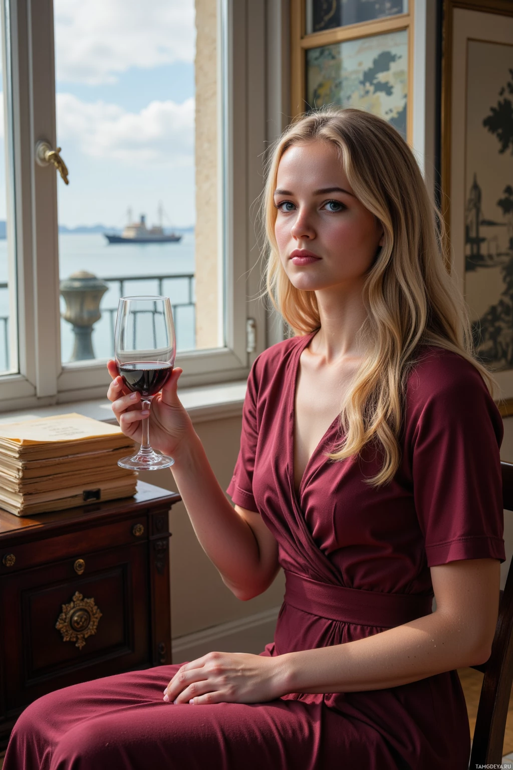 A woman in a maroon dress holds a glass of red wine, seated by a window with a view of a ship.
