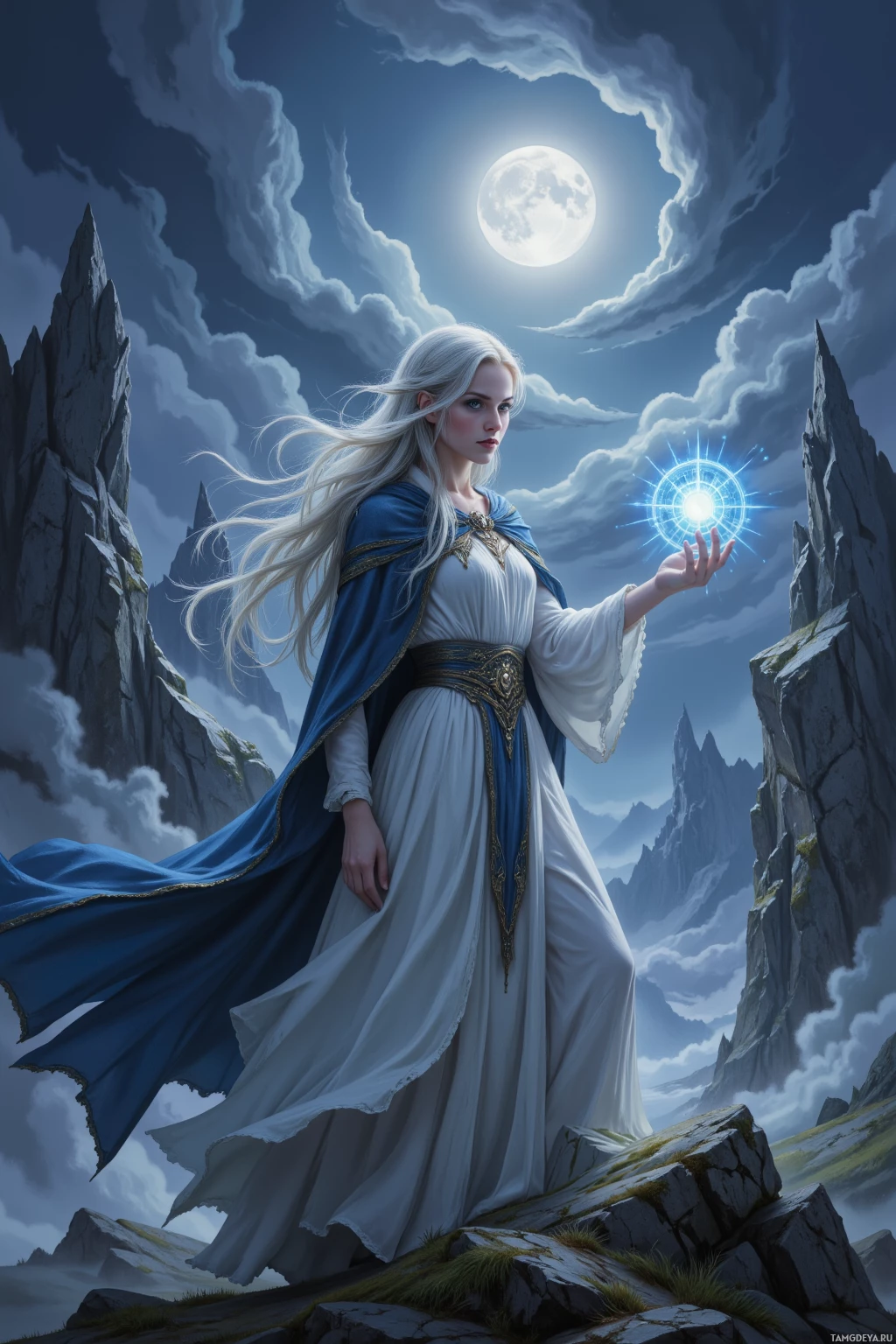 A regal figure in a flowing white and blue gown stands on a rocky outcrop under a moonlit sky.
