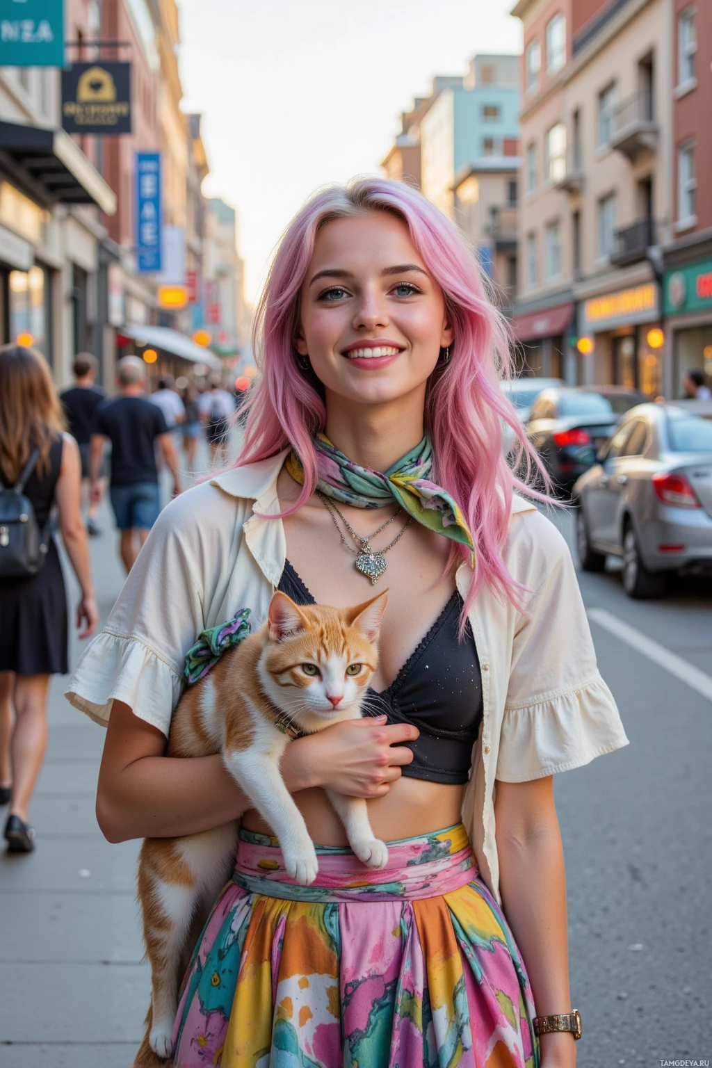 A person with pink hair holds a cat while walking down a city street.