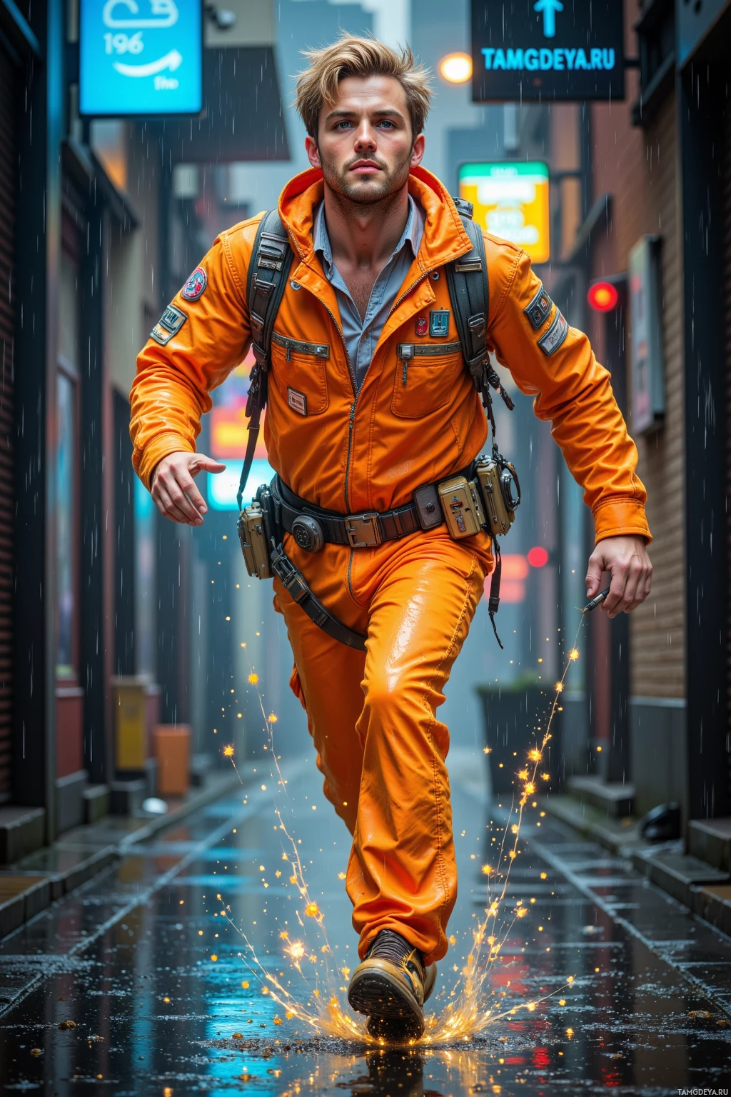 A man in an orange jumpsuit walks through a rainy alleyway.