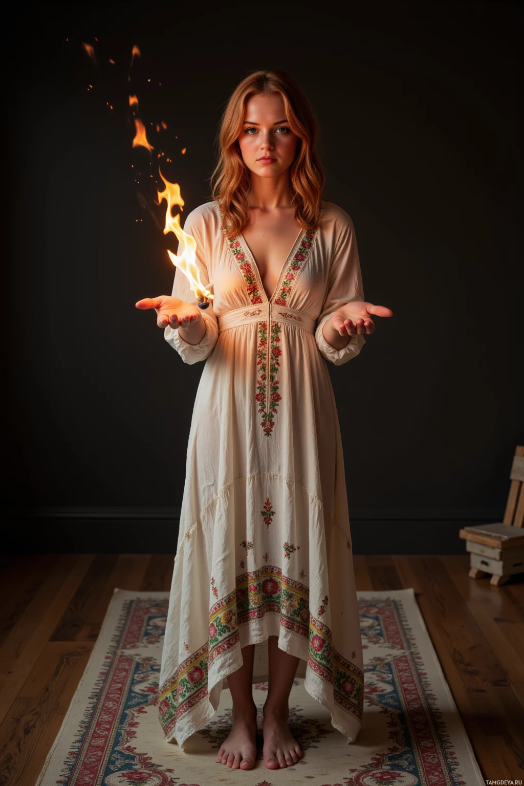A woman in a long, embroidered dress stands barefoot on a patterned rug, holding a flame in her hands.