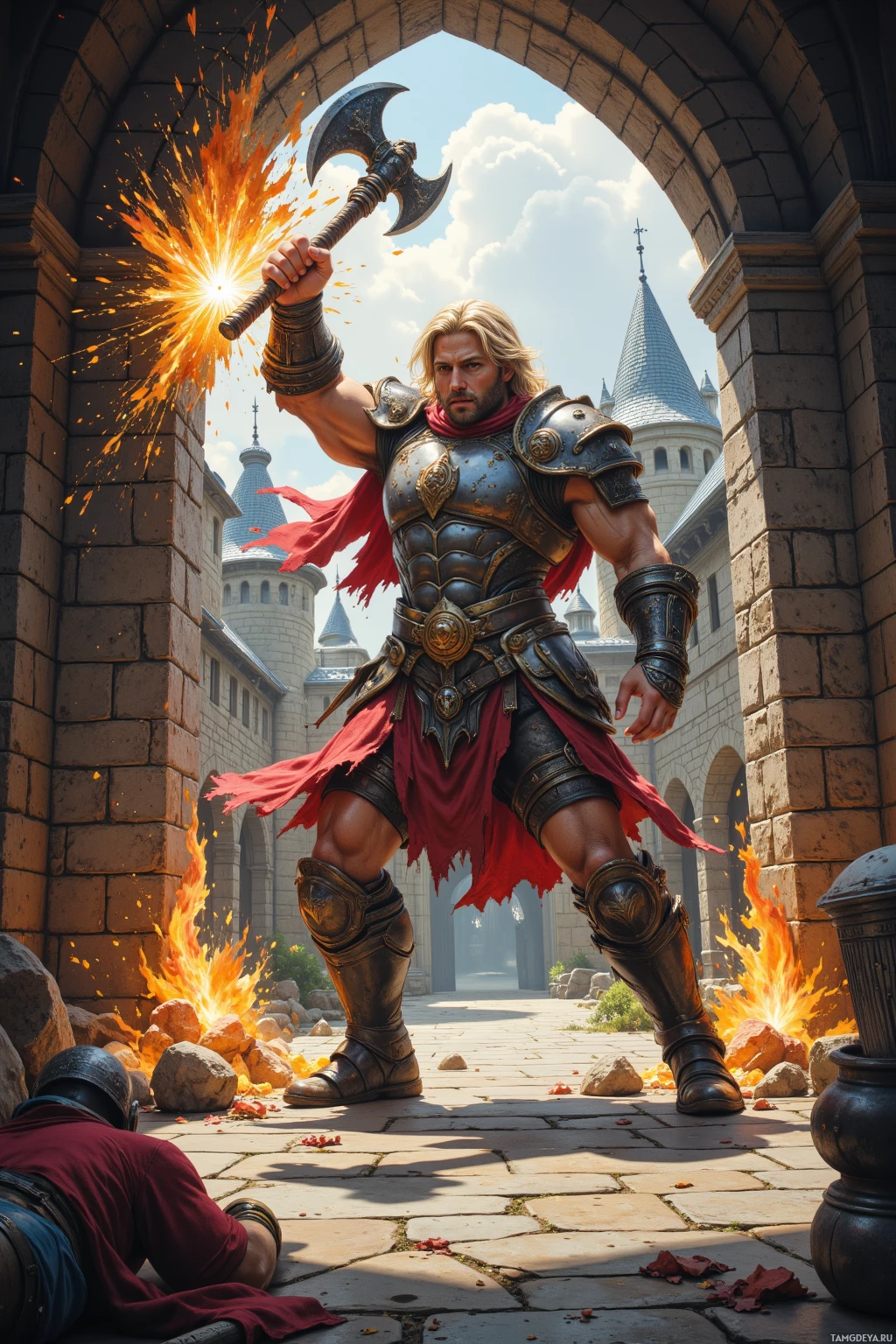 A warrior in ornate armor stands triumphantly in front of a castle, holding a flaming axe.