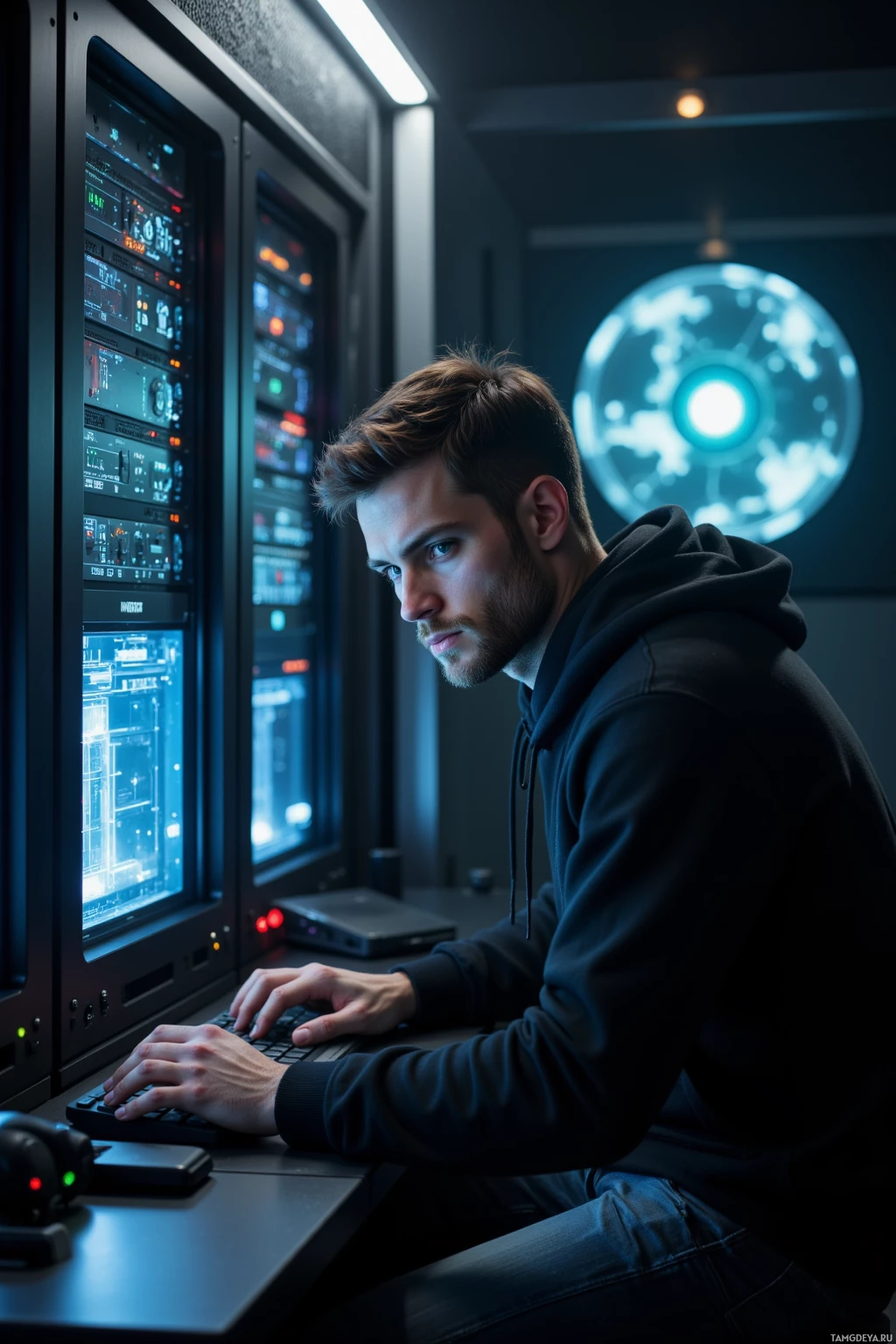 A person in a hoodie is working at a computer in a dimly lit room with a large screen and a glowing globe in the background.
