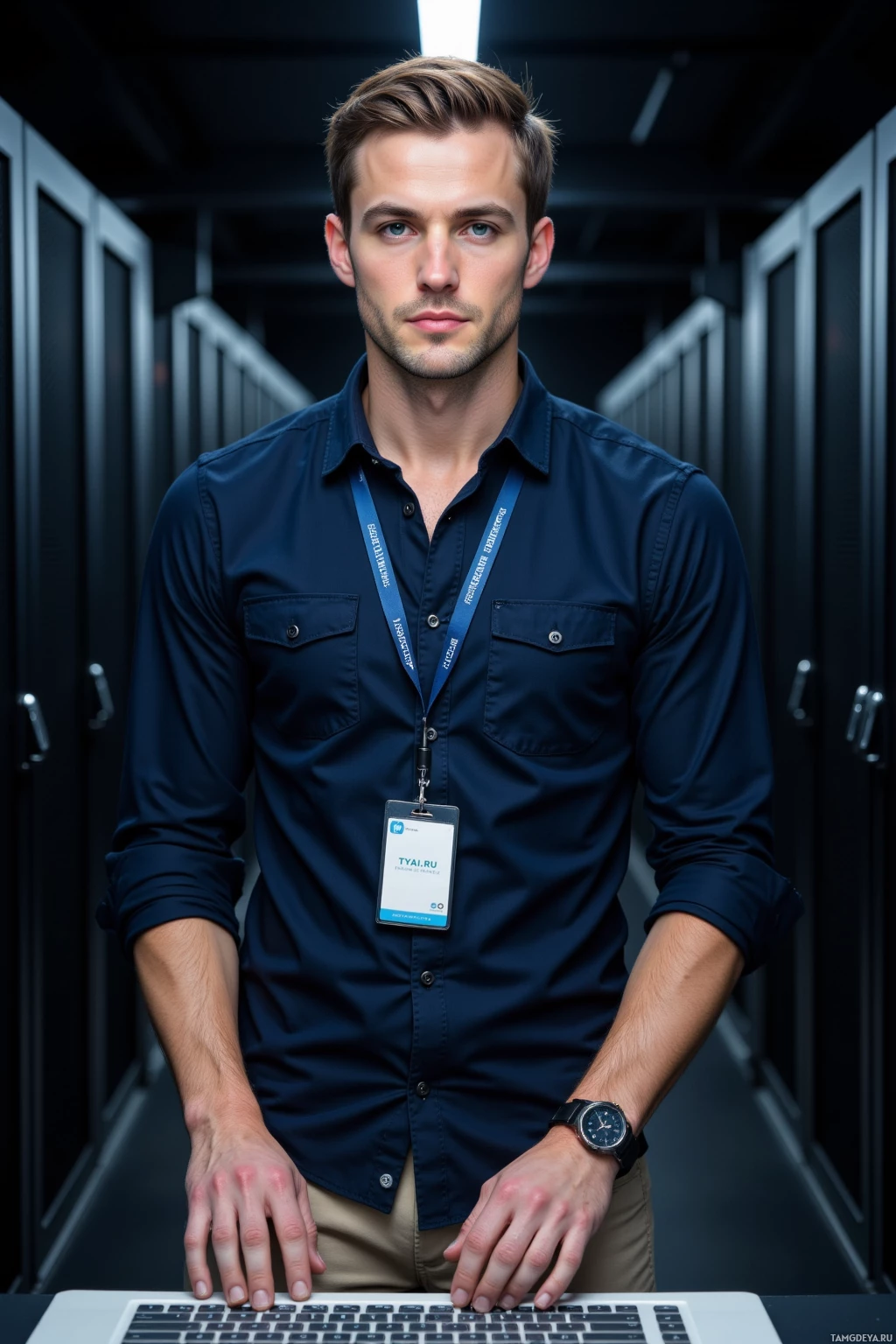 A man in a dark blue shirt stands in a server room, wearing a lanyard and a watch, with his hands on a laptop.