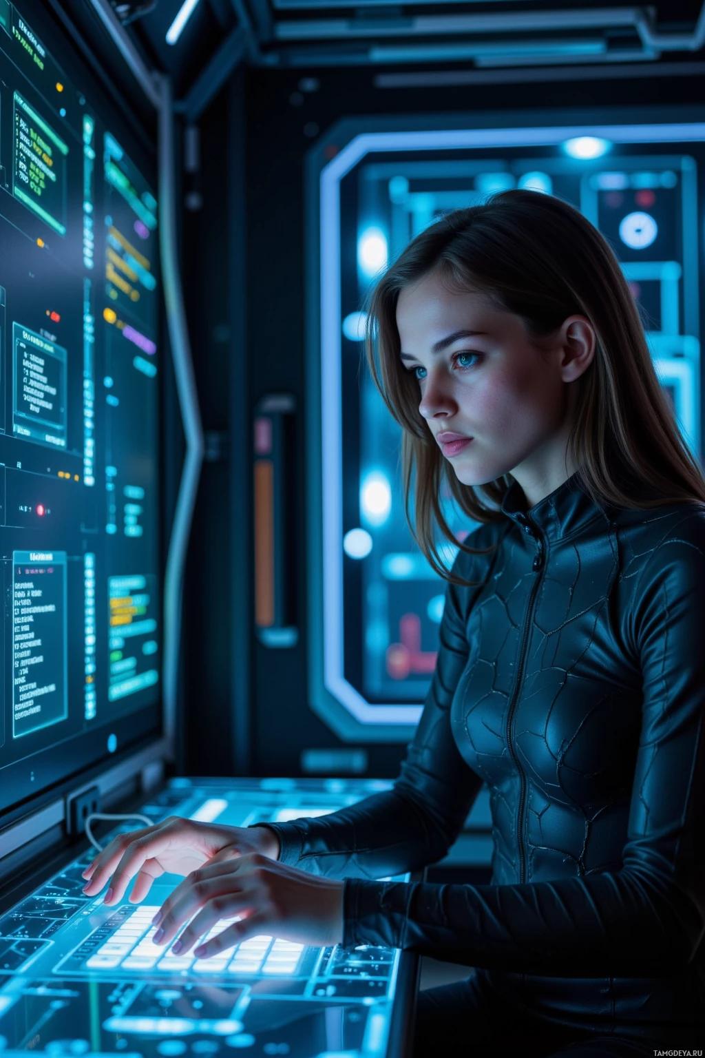 A person in a futuristic setting is working on a high-tech computer interface.