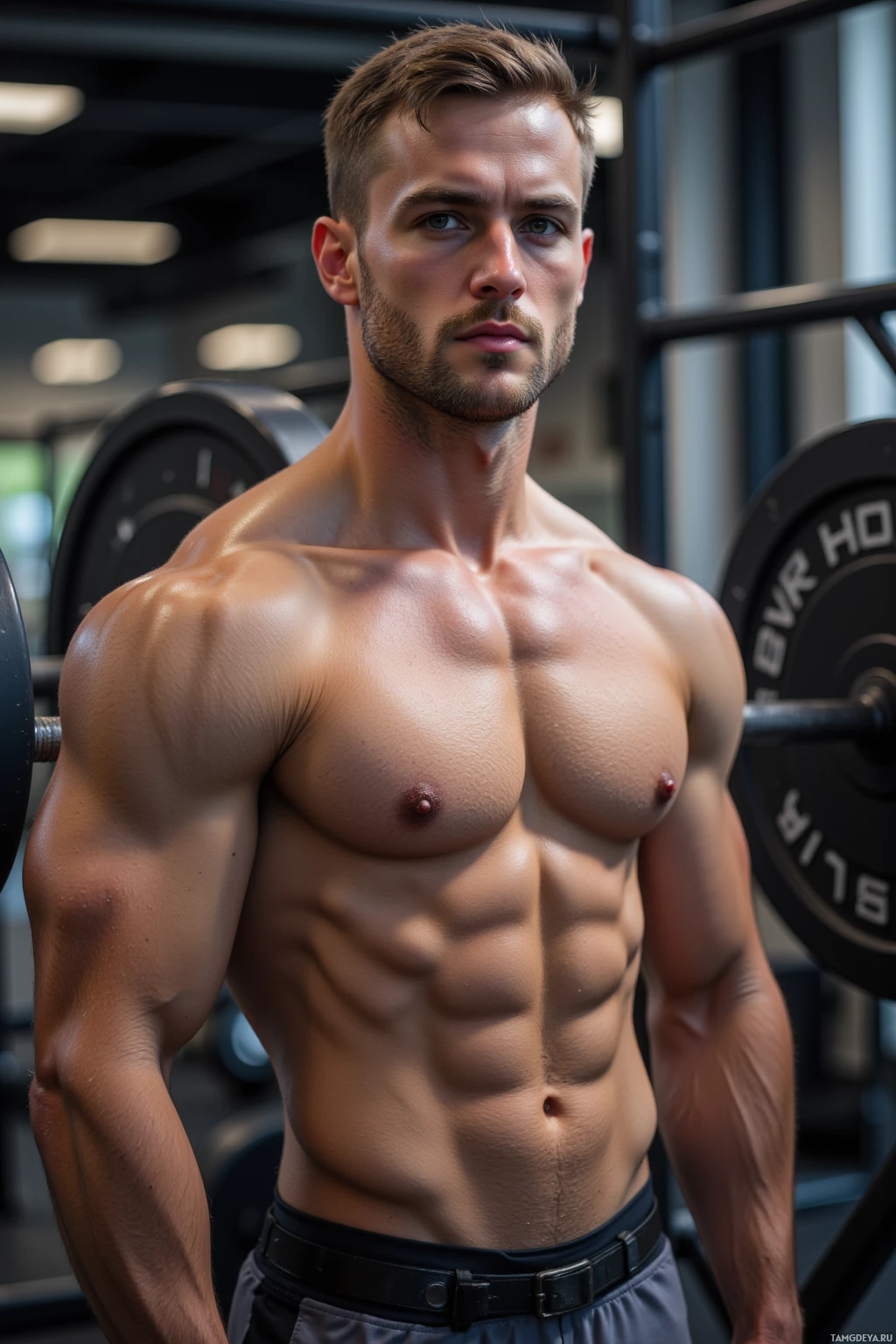A muscular man stands shirtless in a gym setting.