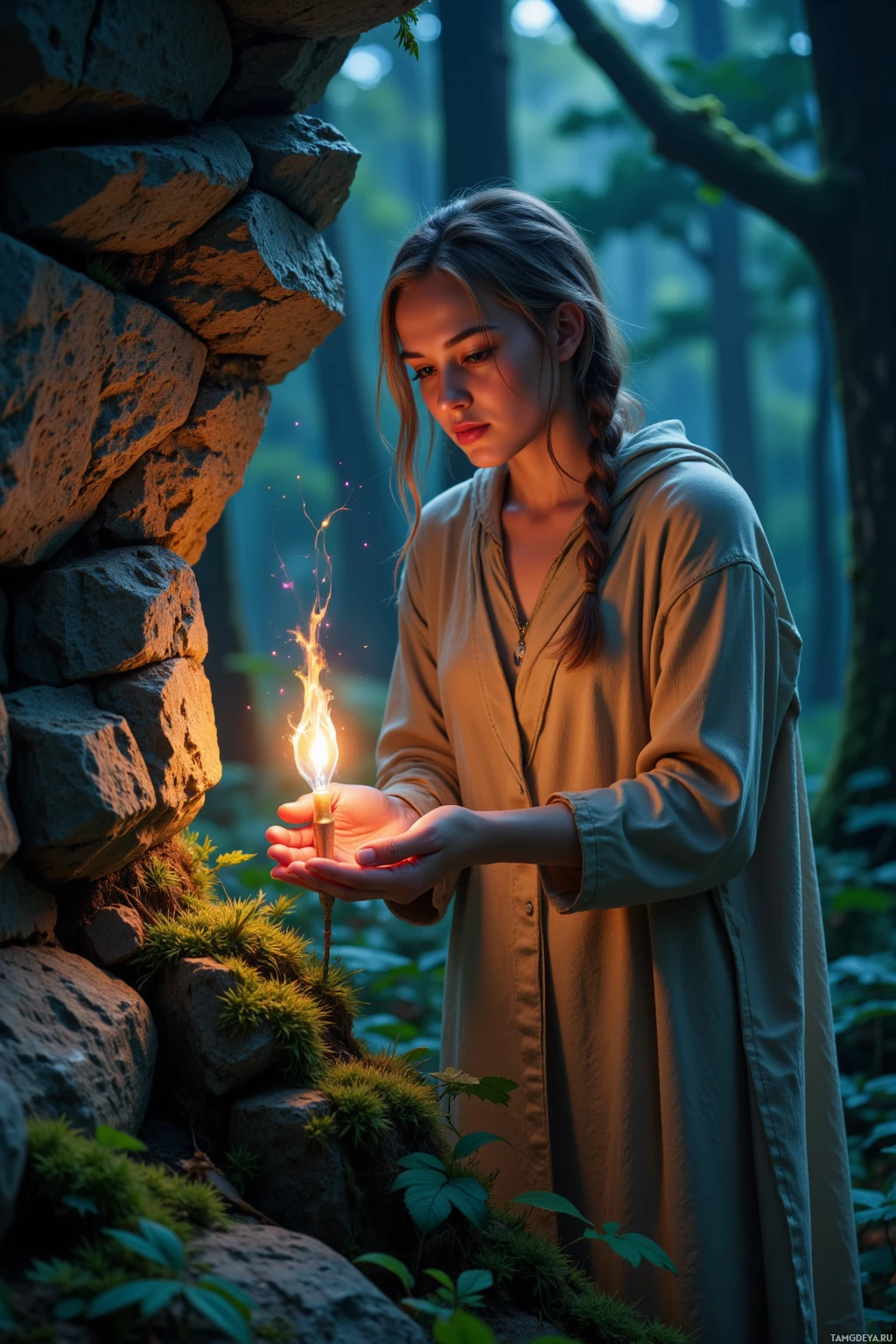 A woman holds a glowing candle in a forest setting.