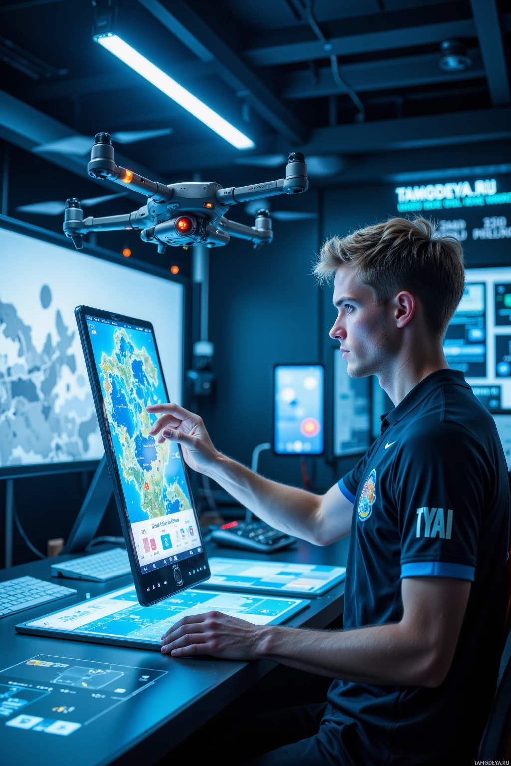 A person is operating a drone in a high-tech control room with multiple screens displaying maps and data.