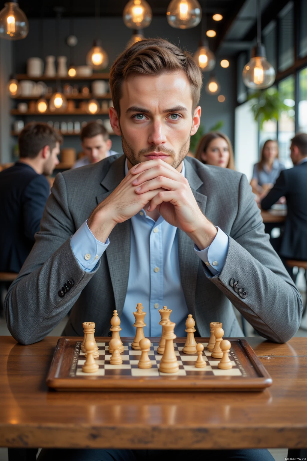 A man in a suit sits at a table with a chessboard, appearing thoughtful.