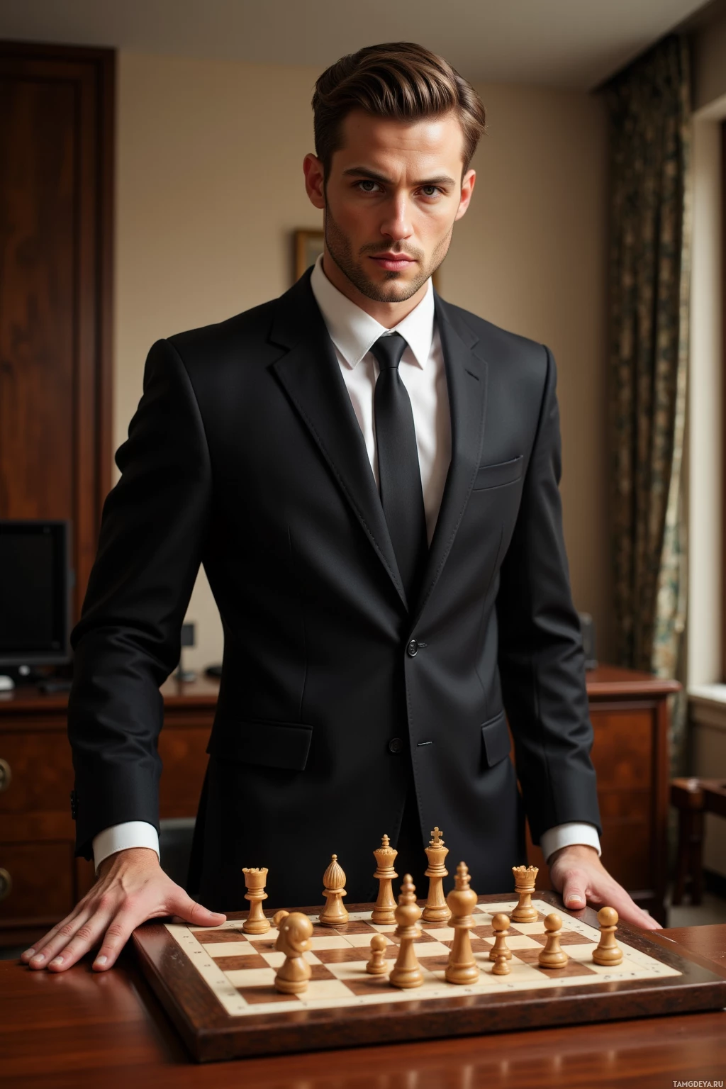 A man in a suit stands behind a chessboard, hands resting on the table.
