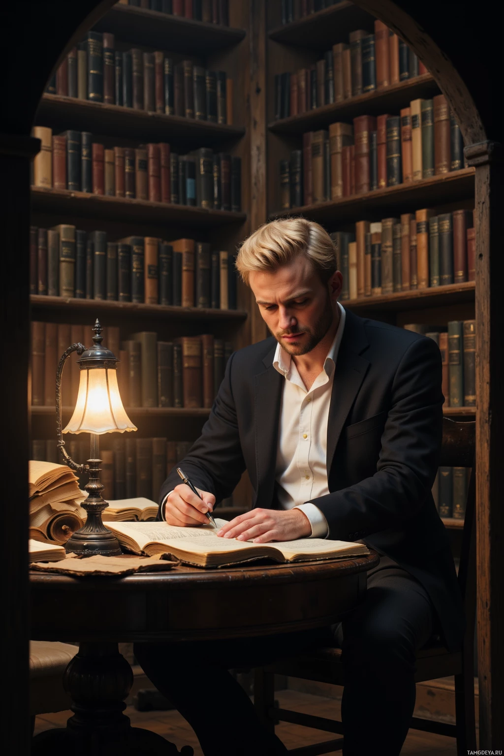 A man in a suit is seated at a desk in a library, writing in a book under the light of a lamp.
