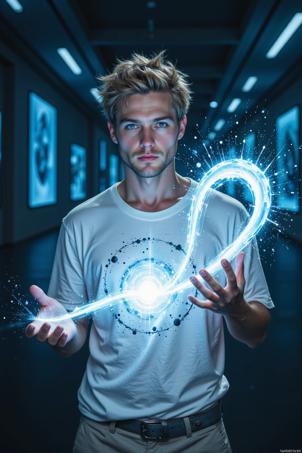 A person stands in a hallway with glowing blue energy swirling around their hands.