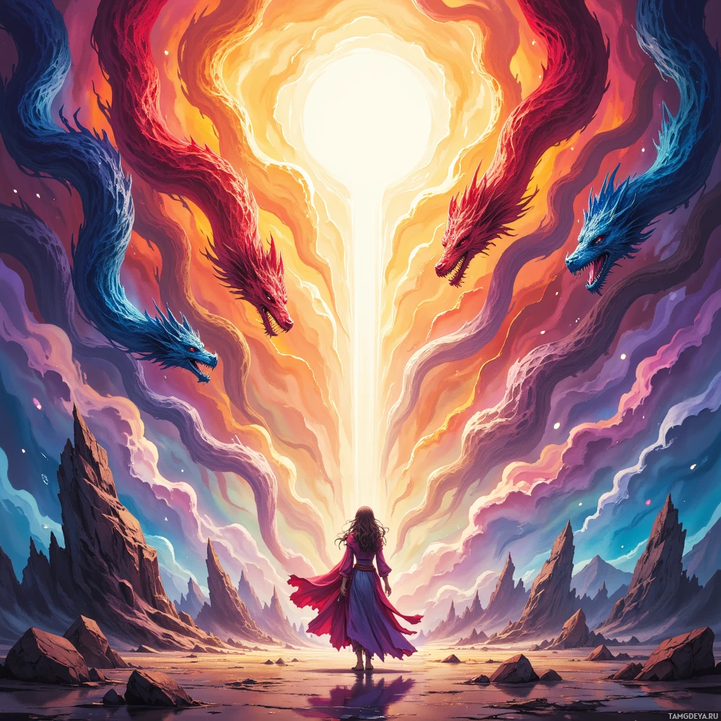 A figure stands before a radiant portal flanked by two dragons, amidst a fantastical landscape.